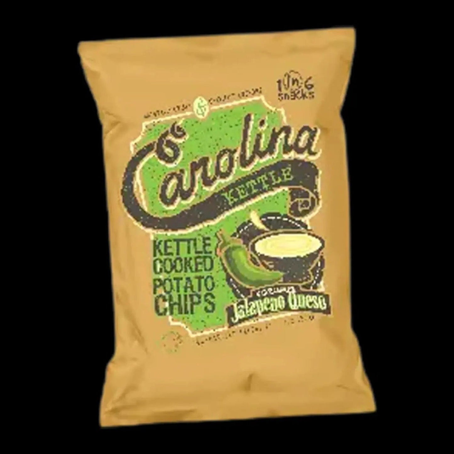 Front view of Carolina Kettle Cozumel Jalapeno Queso Chips in a bright orange bag with bold, curved lettering.
