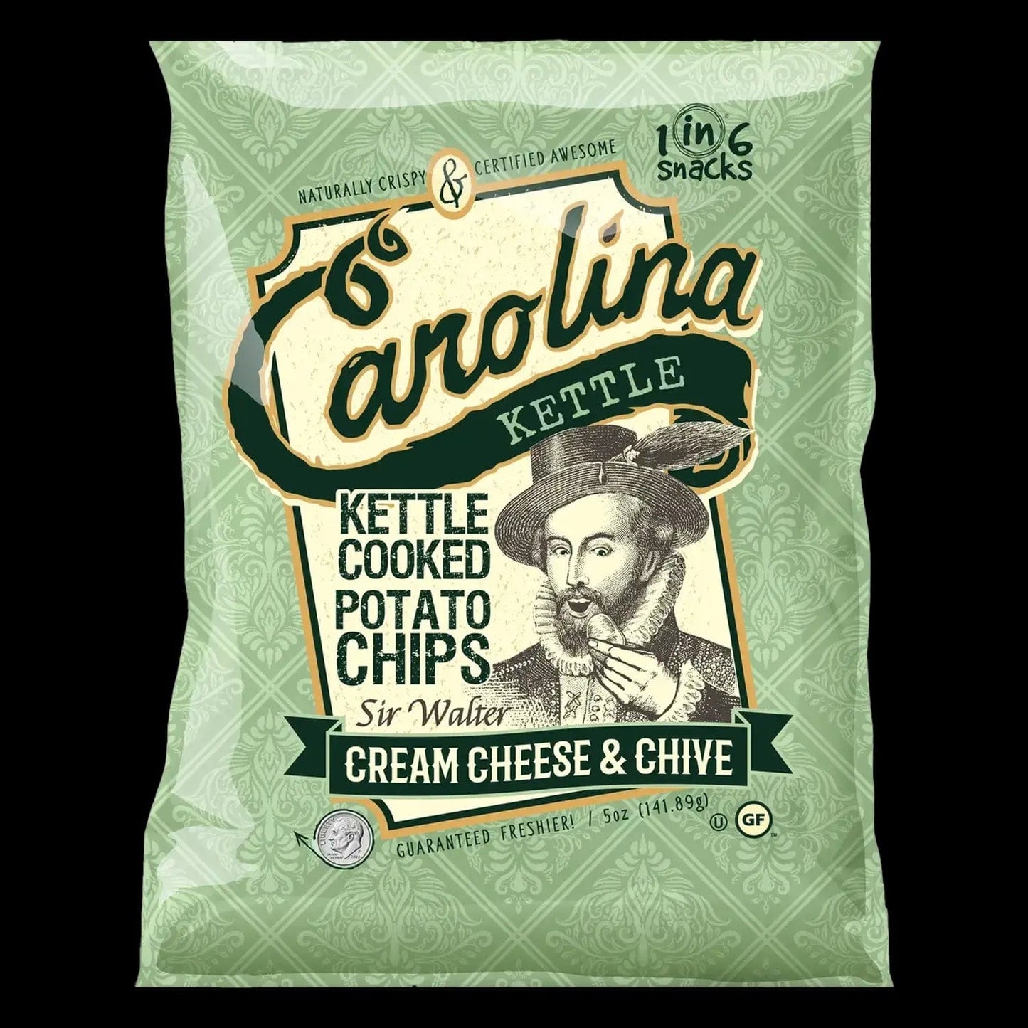 Front view of Carolina Kettle Sir Walter Cream Cheese and Chive Chips packaging with a patterned green background.
