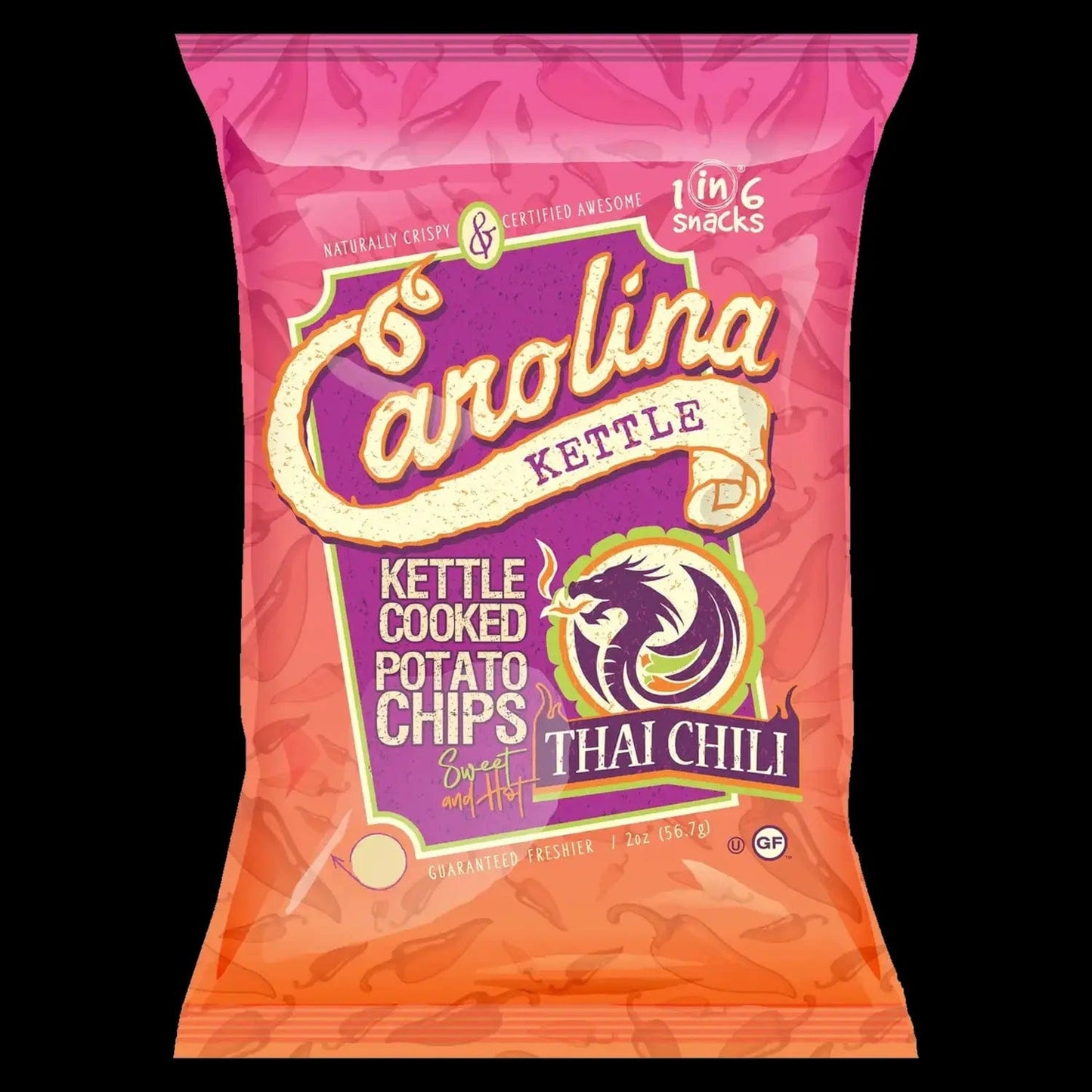 A vibrant close-up of Carolina Kettle Thai Chili Chips packaging, angled to showcase the brand logo and bold red lettering.