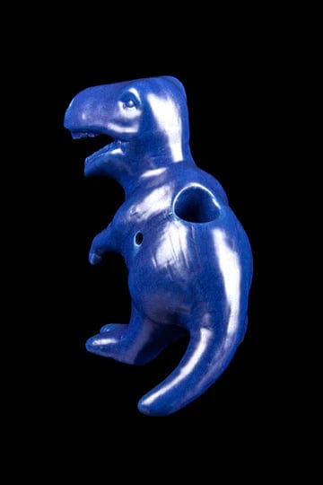 Front view of the Dino Pipe, a blue, sculpted pipe resembling a dinosaur with a smooth finish.