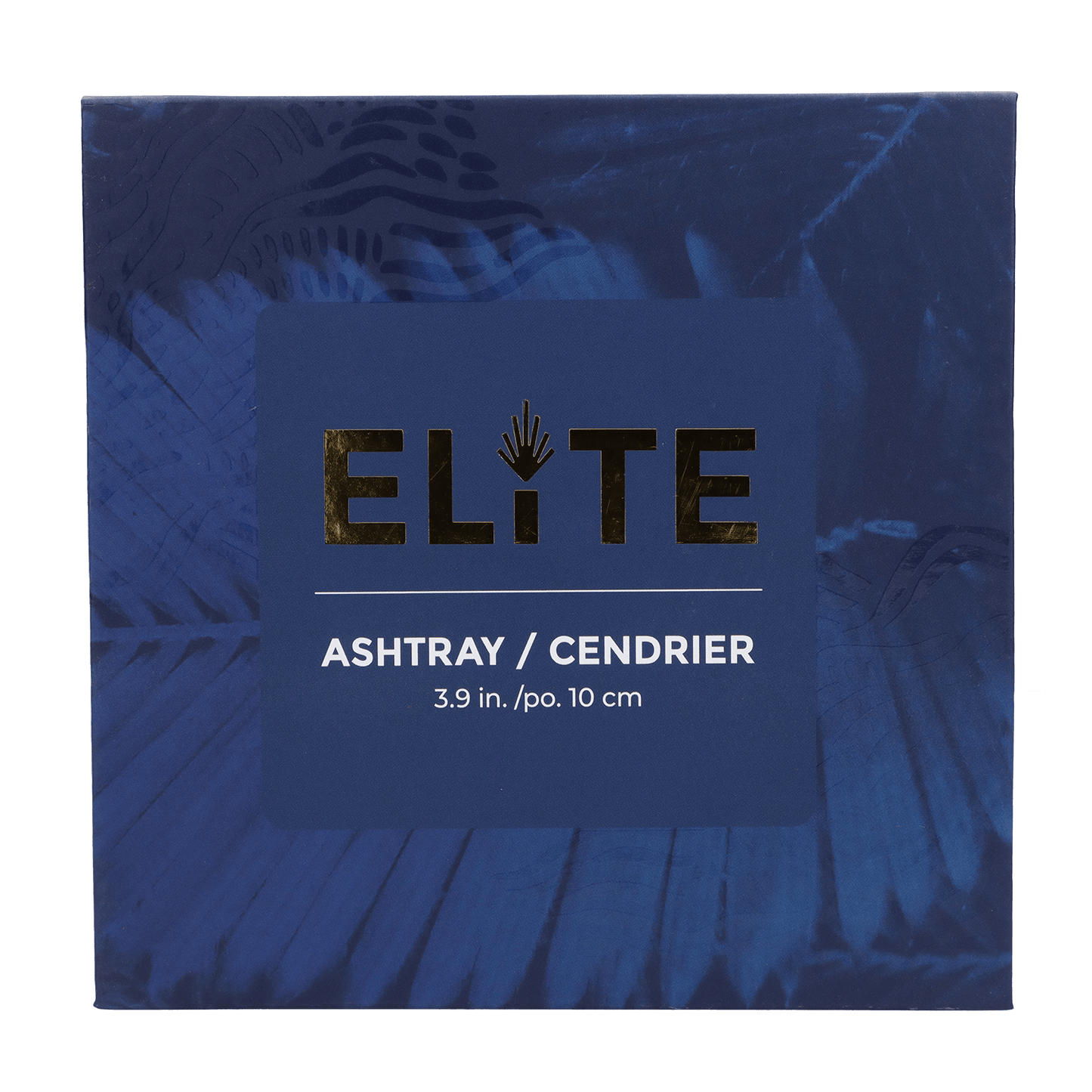 Front view of the Blue Elite Crystal Ashtray, showcasing its sleek, modern design against a dark backdrop.