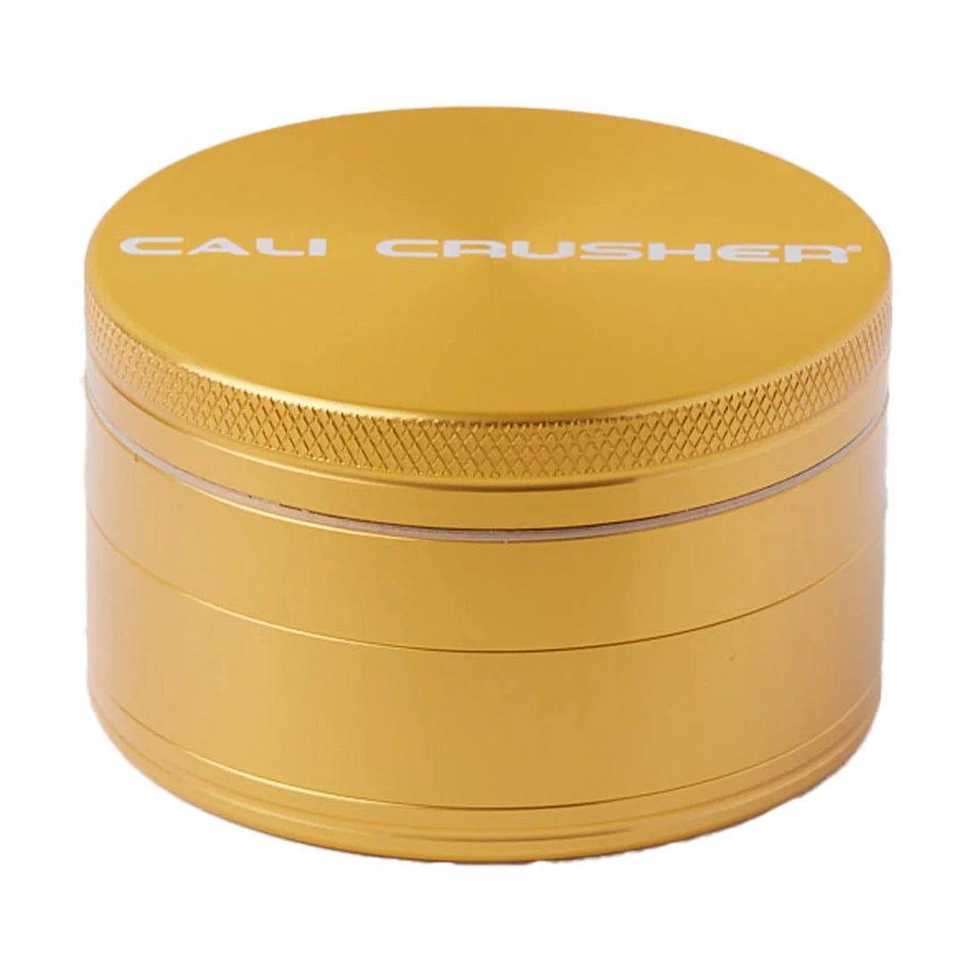 Front view of the Cali Crusher O.G Grinder, a silver, four-piece metal grinder with a sleek cylindrical shape.