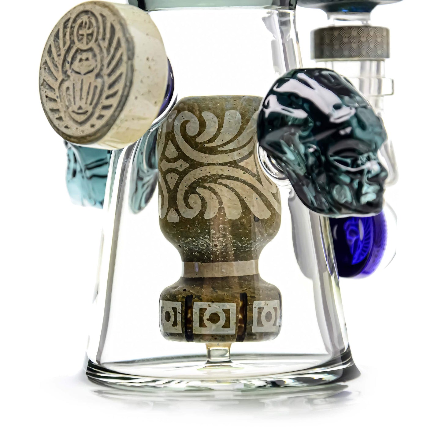 A detailed, angled view of the ETCH DAB RIG-V4| showcasing its intricate etchings and vibrant blue accent.