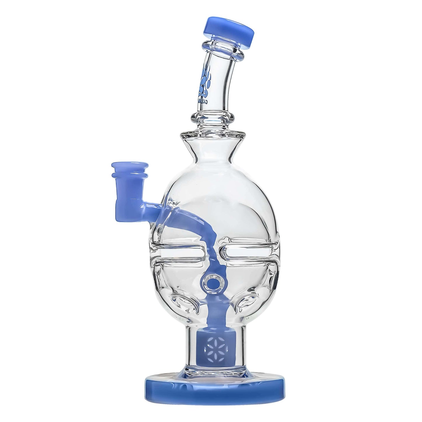 Front view of the FAB EGG Incycler Rig, a clear glass rig with a rounded base and blue accents, set against a plain white background.