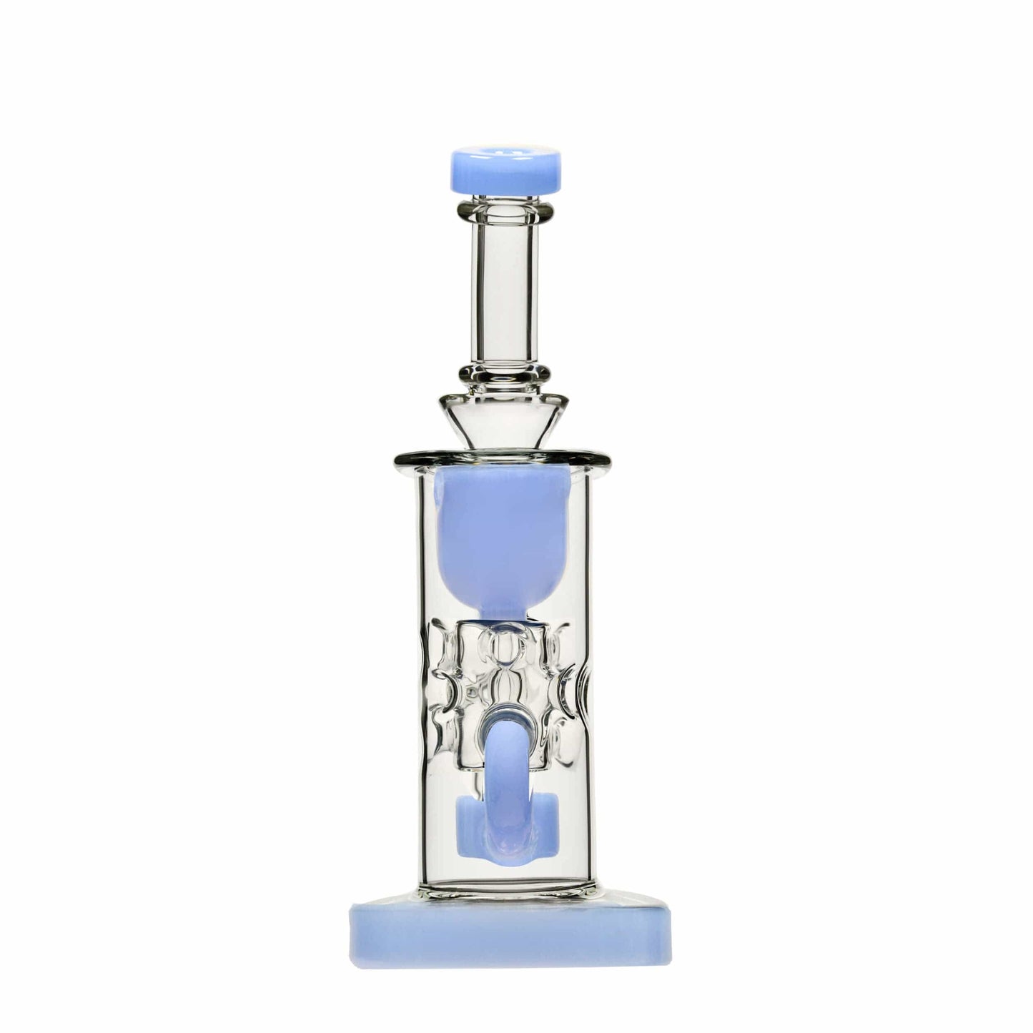 A studio shot of the STRAIGHT FAB KLEIN, showing the clear glass tube with a blue base and joint.
