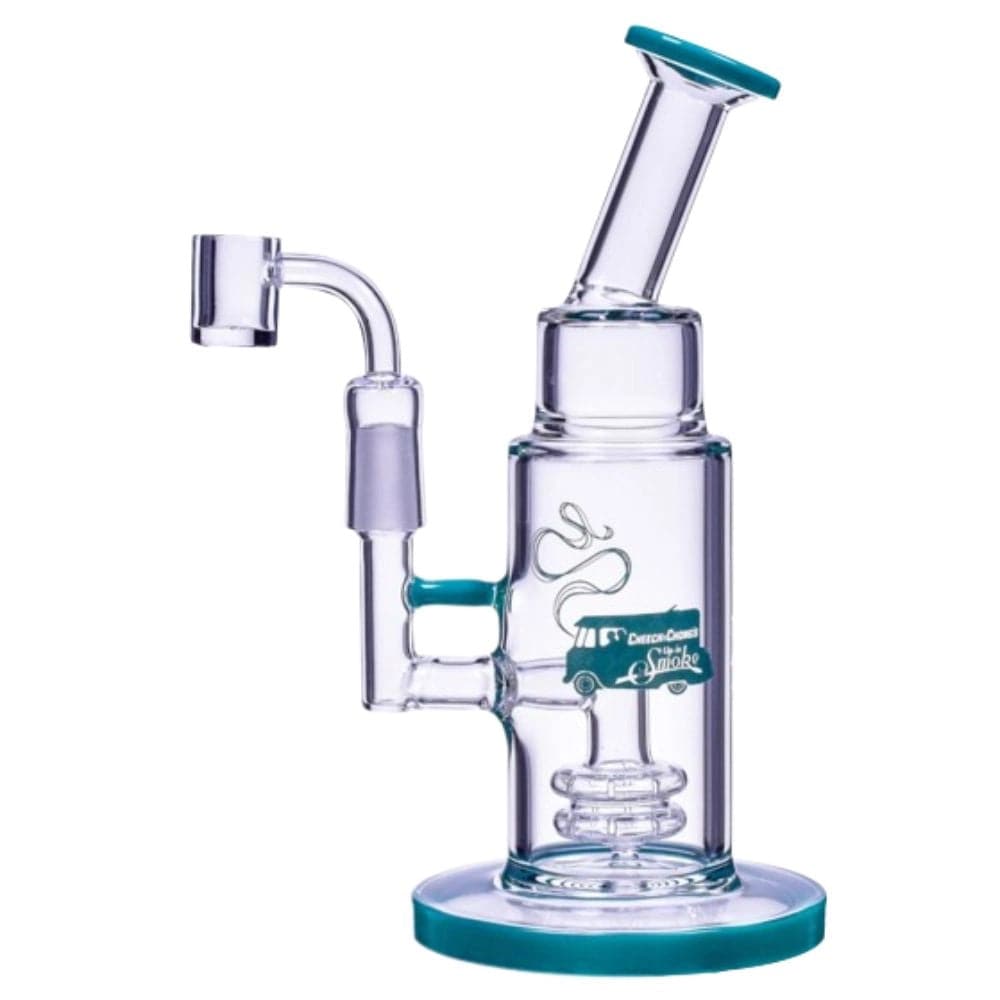 A studio shot of the Anthony 8" Dab Rig, showing the clear glass rig angled against a white background.