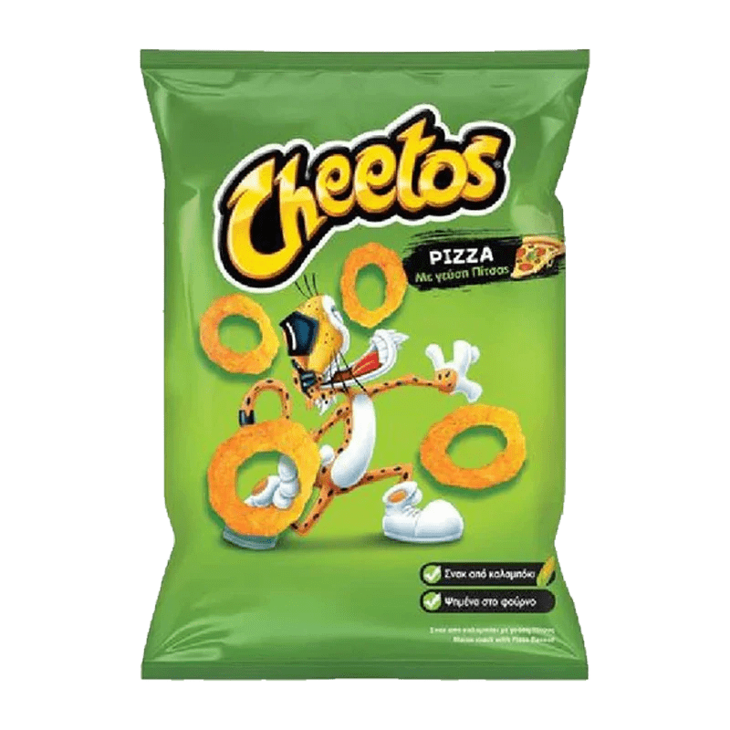 Front view of Cheetos - Pizza Rings packaging featuring a cartoon character with pizza-shaped footwear.