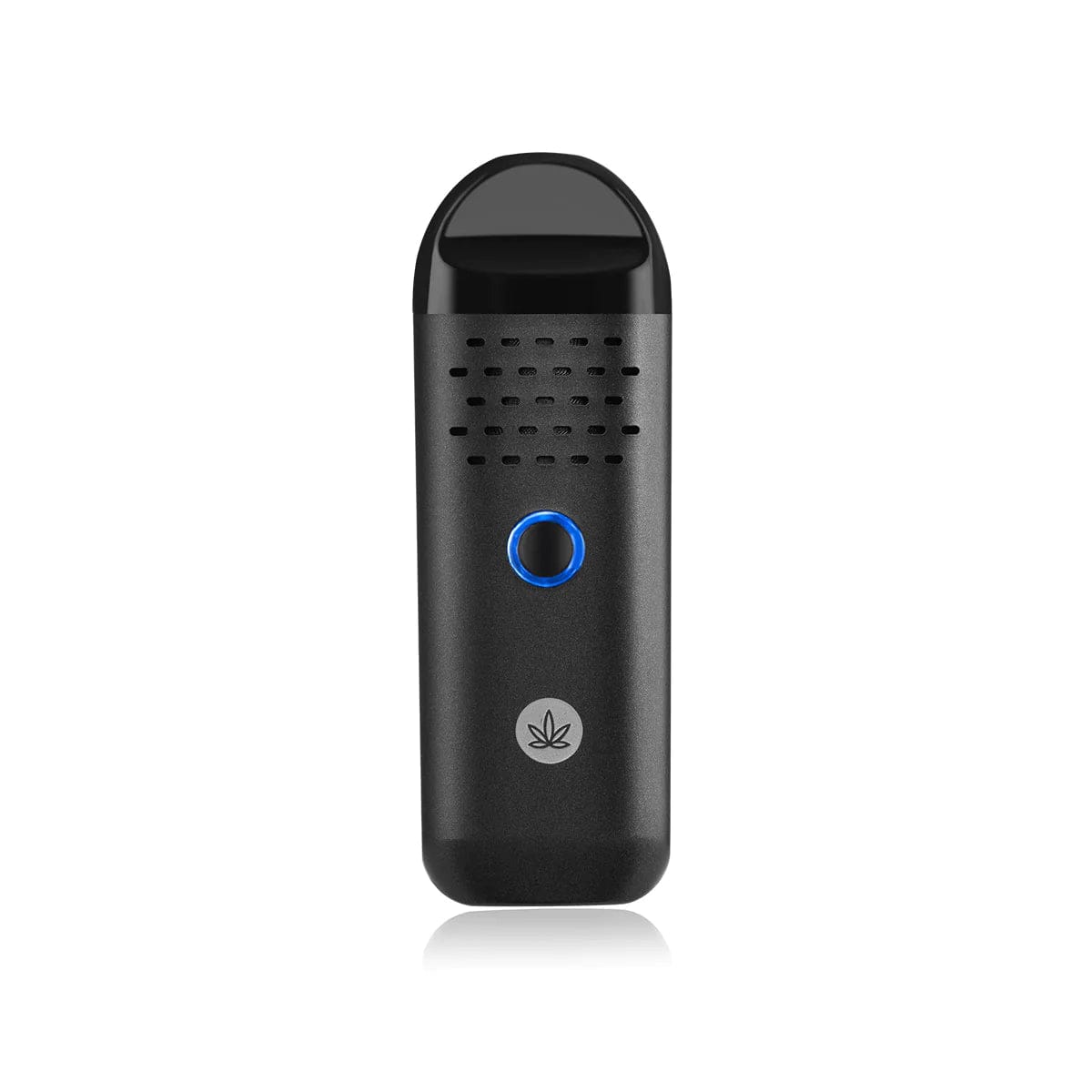 Front view of the Herby Dry Herb Vaporizer, a sleek, black device reflecting light on a glossy surface.