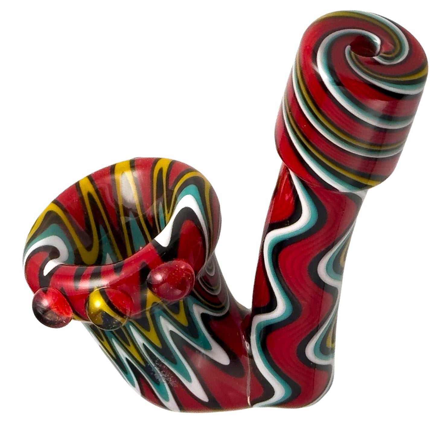 A detailed close-up of the Sherlock Hooks pipe with a swirling red and white glass design.