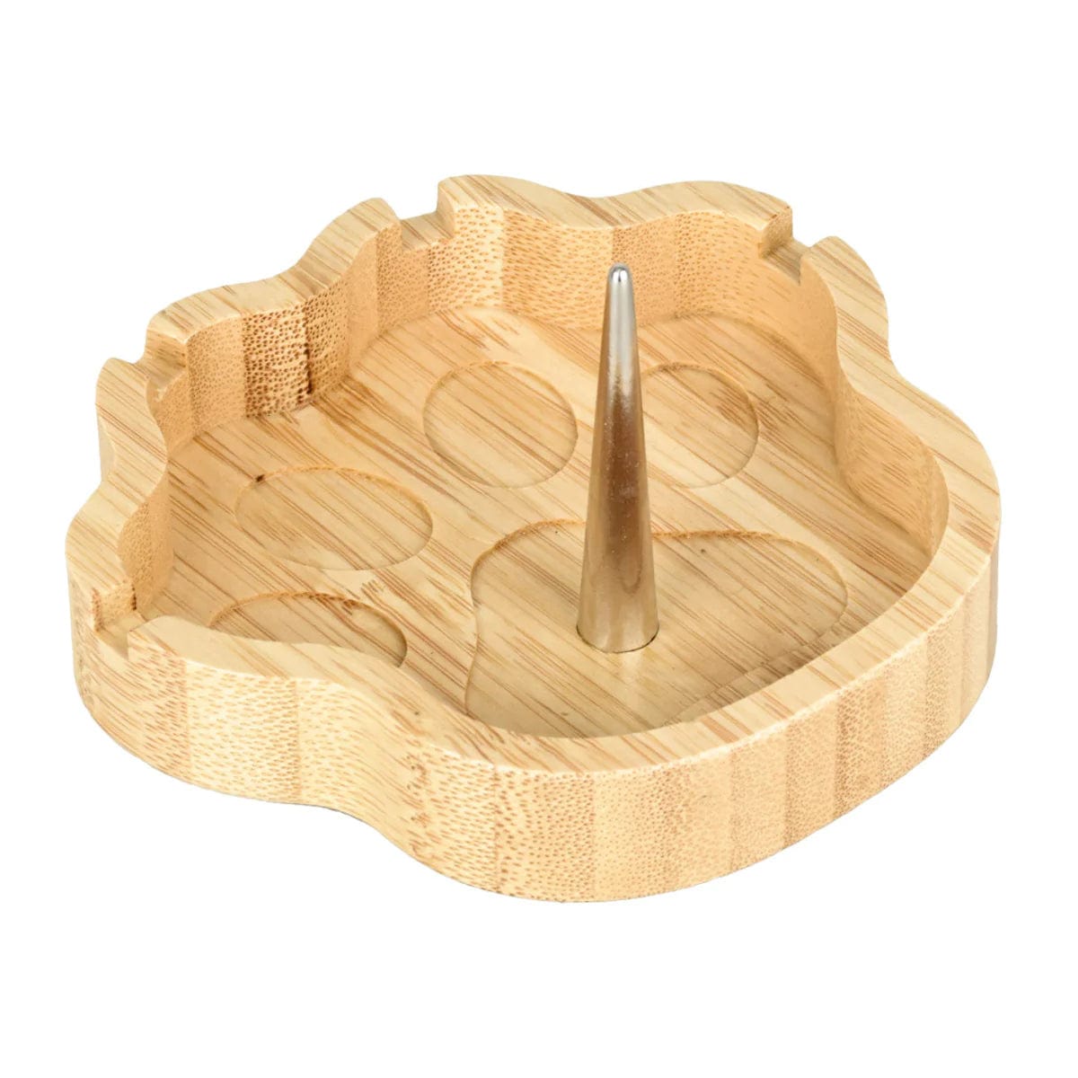 The Spiked Bamboo Ashtray is displayed in a close-up, top-down view, revealing its textured bamboo surface and unique spiked design.