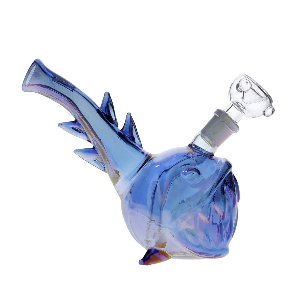 Front view of the Angler Fish Bong, a sculpted glass piece resembling a deep-sea fish with a bubbler joint.