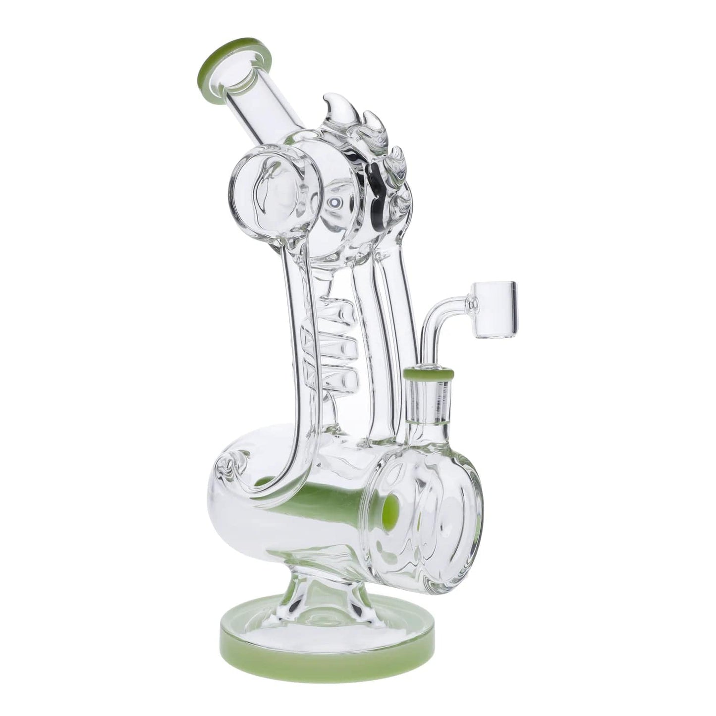 Front view of the Spiky Recycler Coil Bong, featuring a clear glass construction with a textured, spiky design and coiled neck.