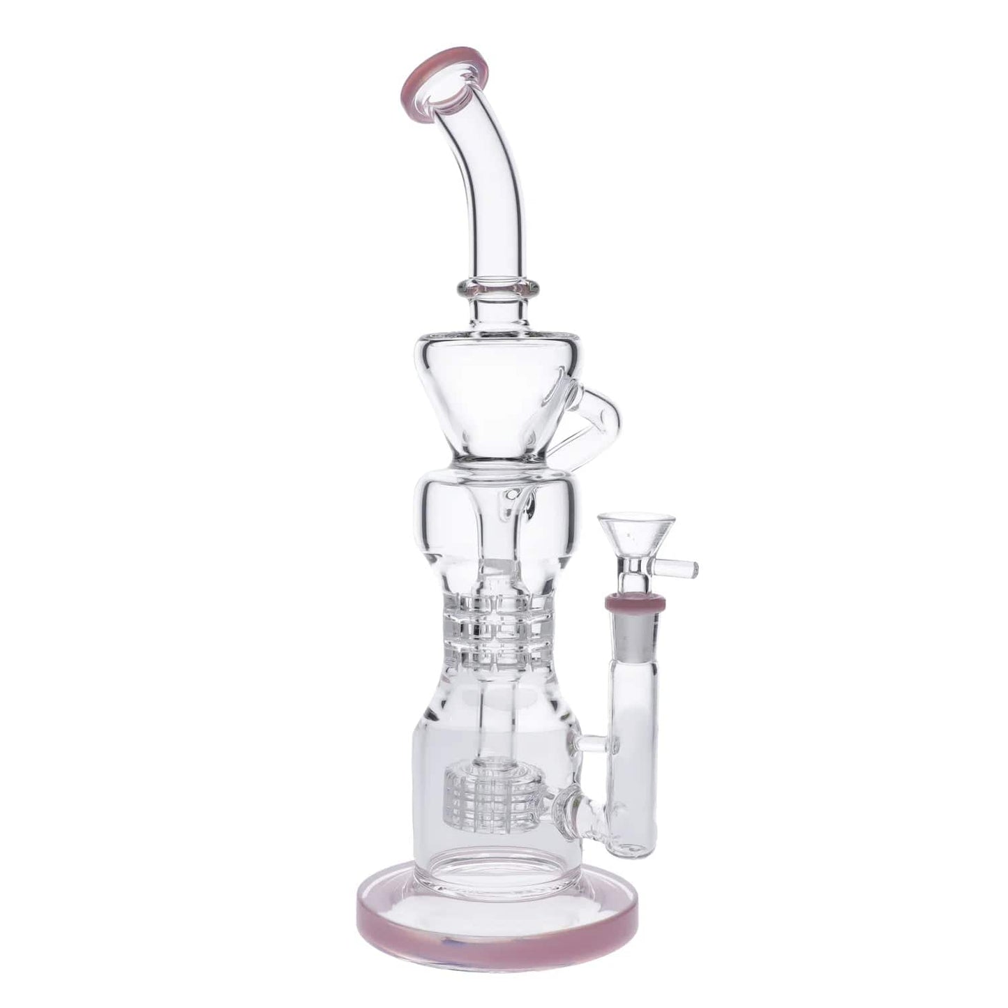 Front view of the Tall Matrix Perc Recycler Bong, showcasing its clear glass construction and unique perc design.
