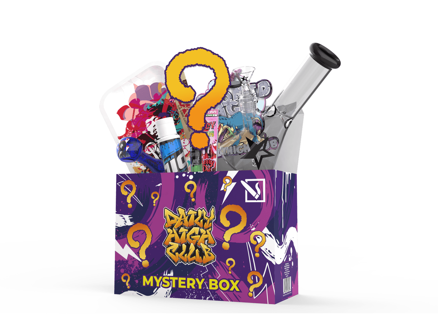 Front view of the DHC Originals Mystery Box filled with colorful, stacked items against a white backdrop.