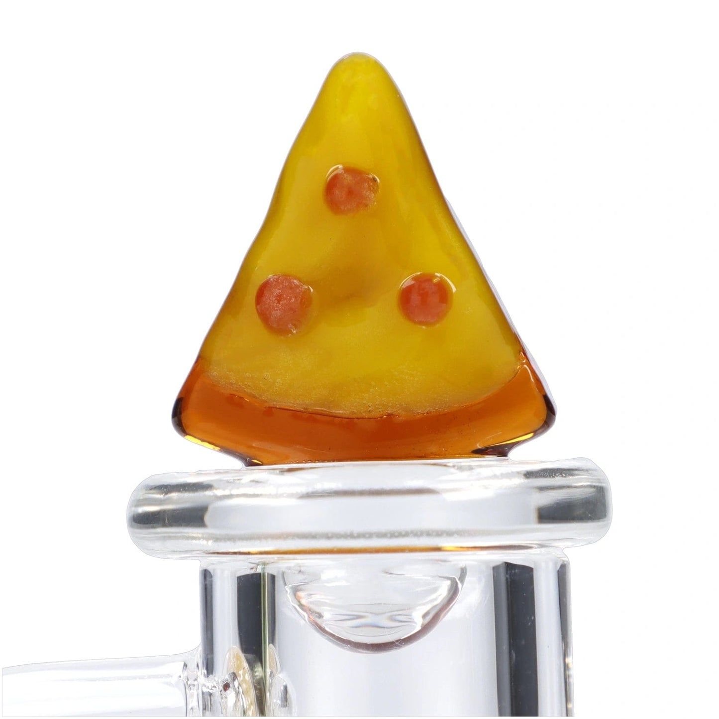 A close-up, angled view of the Pizza Carb Cap, showing the colorful, rounded glass cap against a dark background.