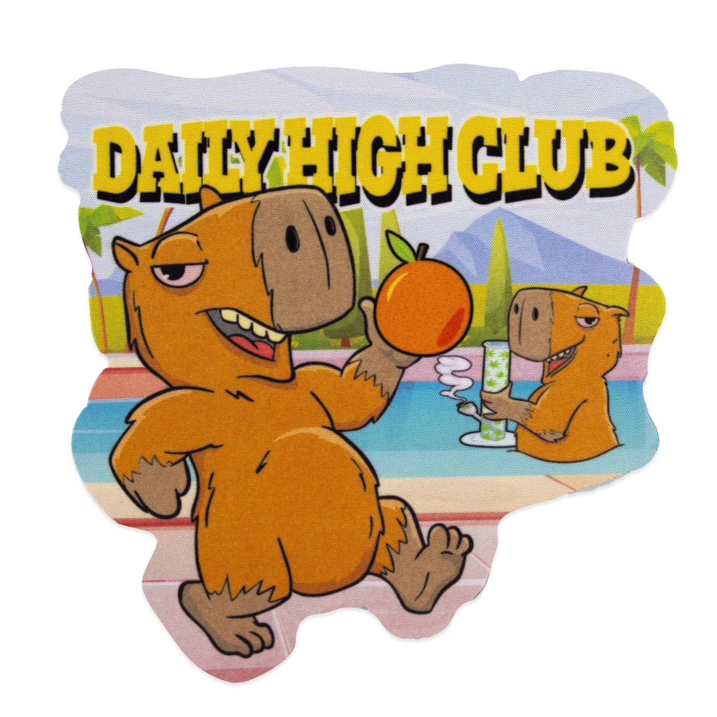 A whimsical illustration features the Daily High Club Capybara Dab Mat with a cartoon capybara doing a dab.