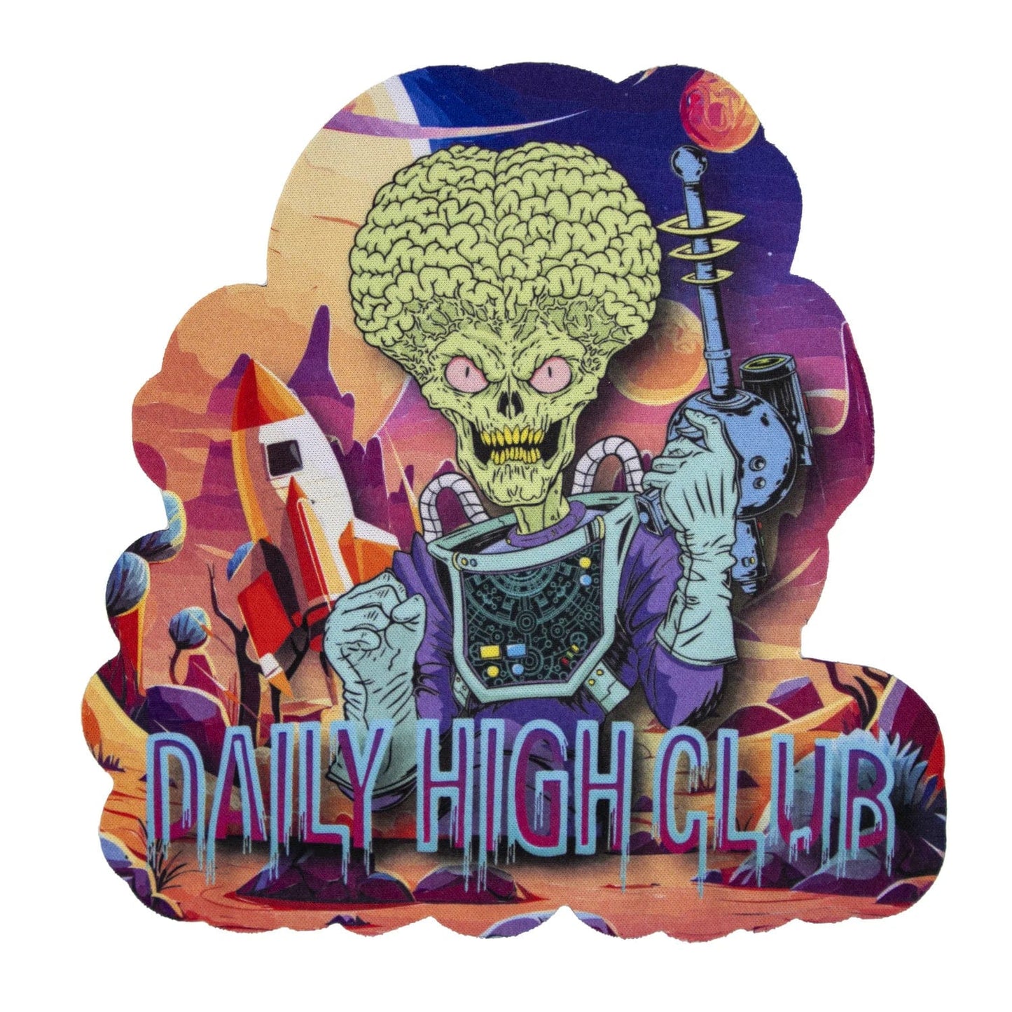 The Space Dab Mat for March 2024 depicts a vibrant, otherworldly scene with a skull wearing a space helmet against a colorful nebula backdrop.