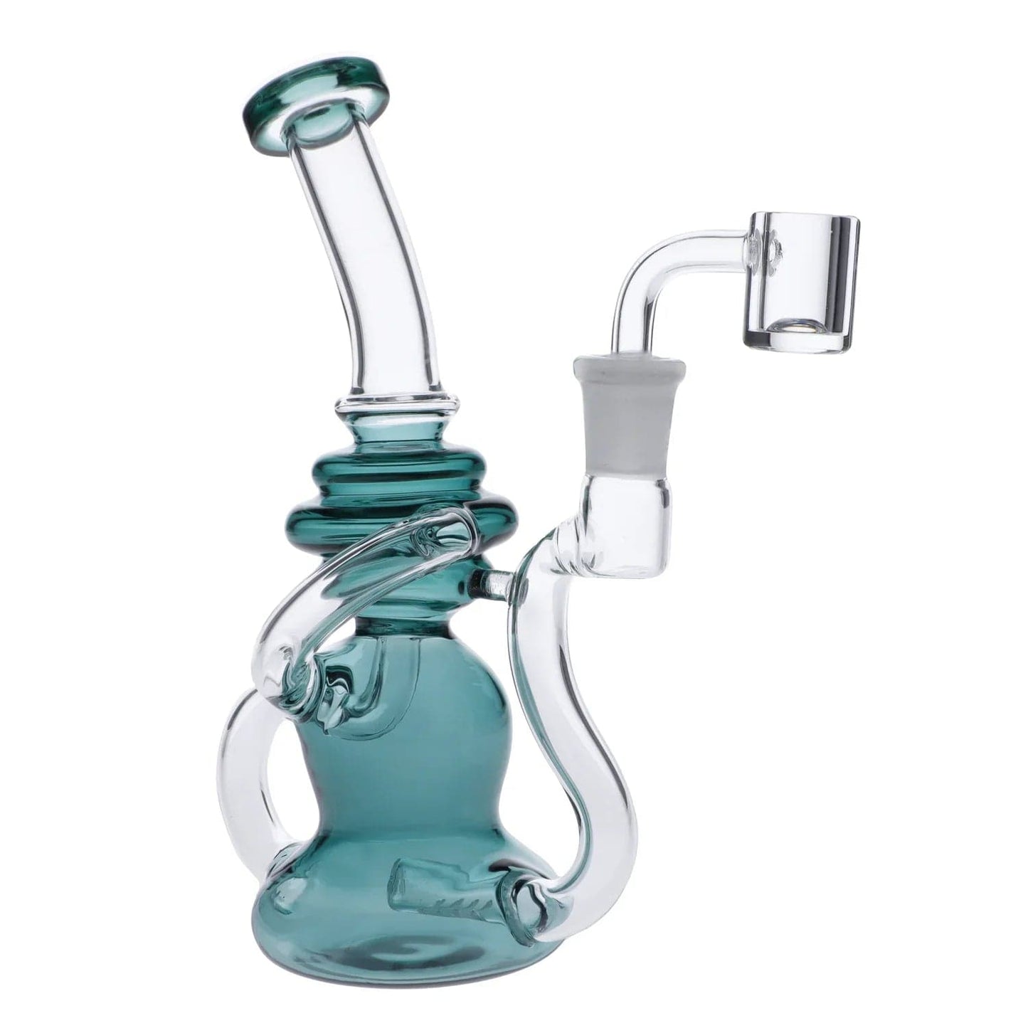 Front view of the 10" Bent Neck Recycler Rig, a clear glass piece with a curved neck and visible joint detail.