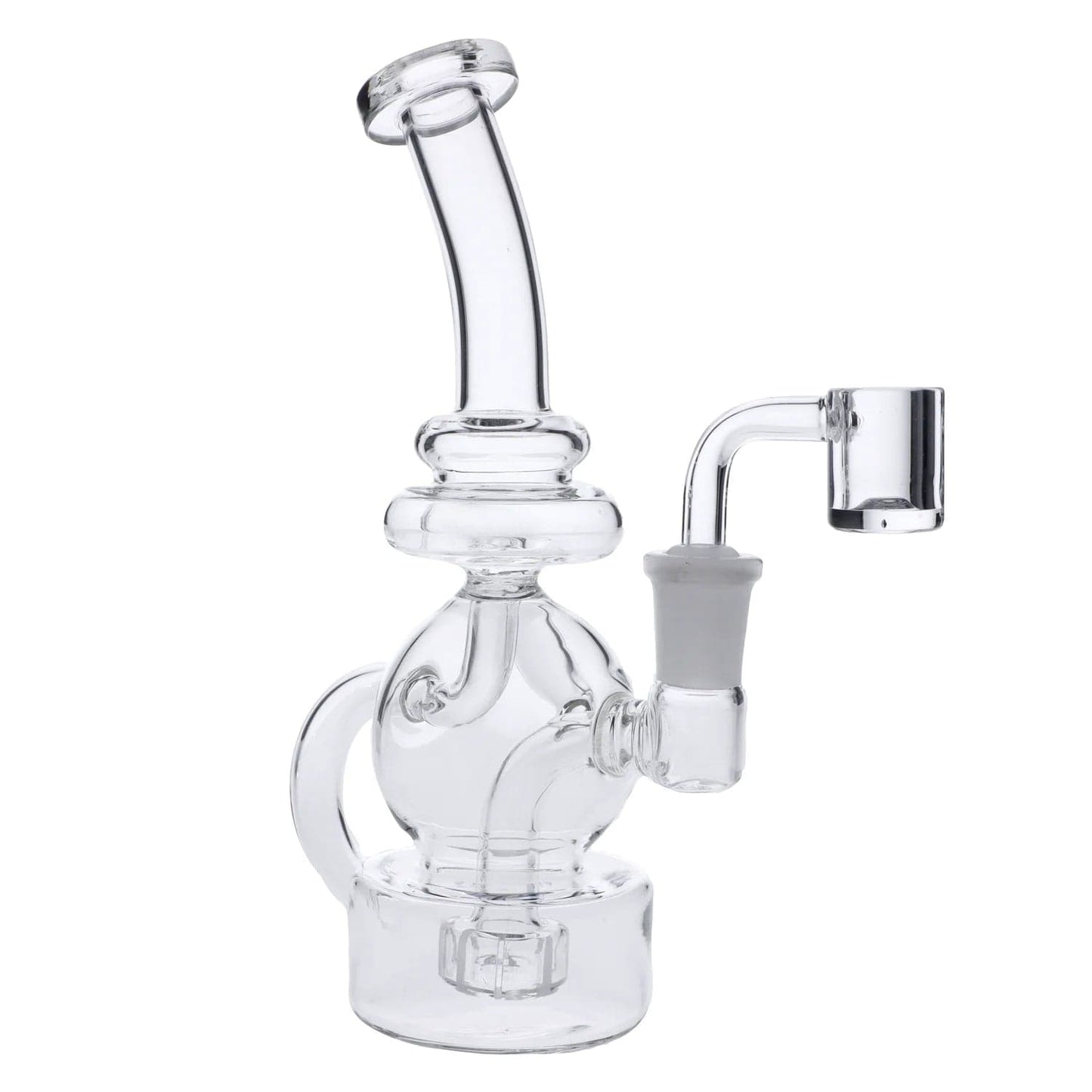 A three-quarter view of the 7" Dab Rig w/ Quartz Banger, showcasing its clear glass construction and attached quartz banger.