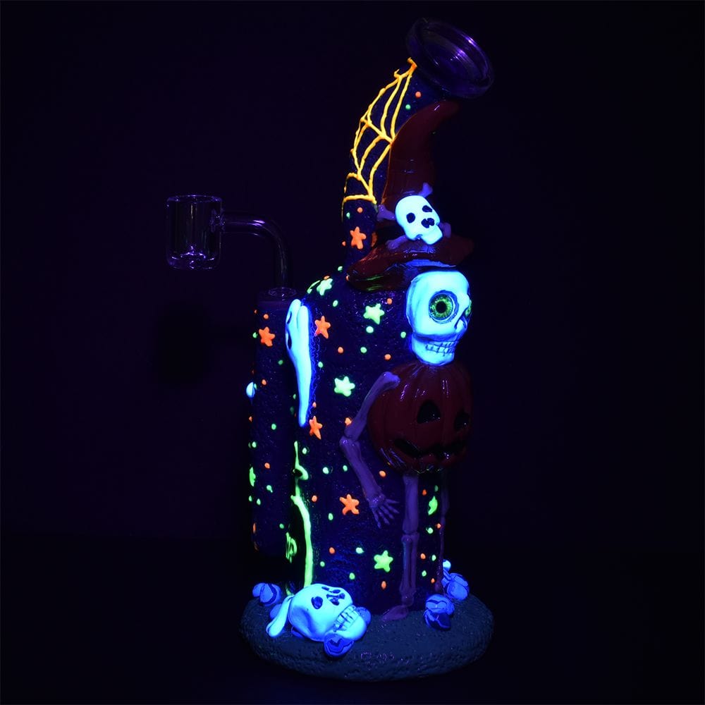 Front view of the Frightening Fiesta Enamel on Glass Dab Rig, showcasing colorful enamel details against clear glass.
