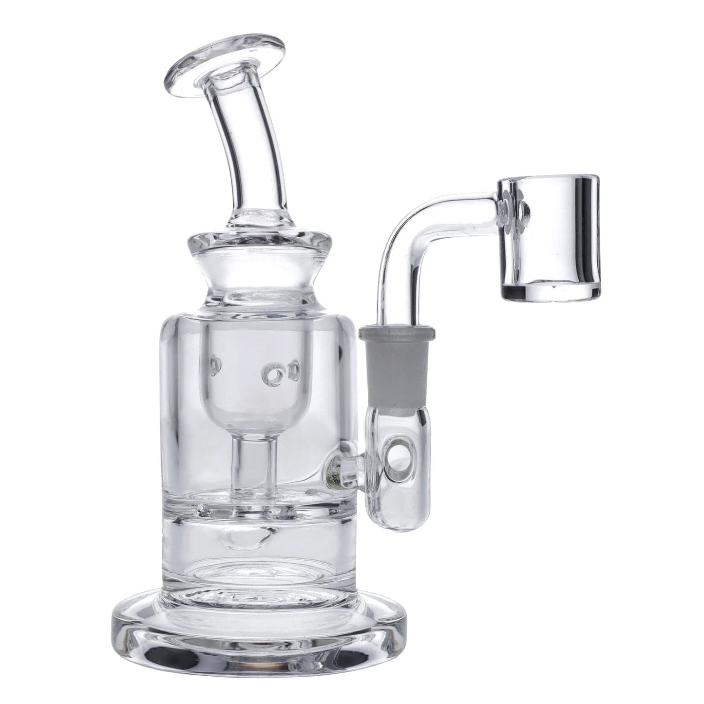 A three-quarter view of the Inset Perc Mini Rig, a small clear glass rig with a visible joint and simple perc design.