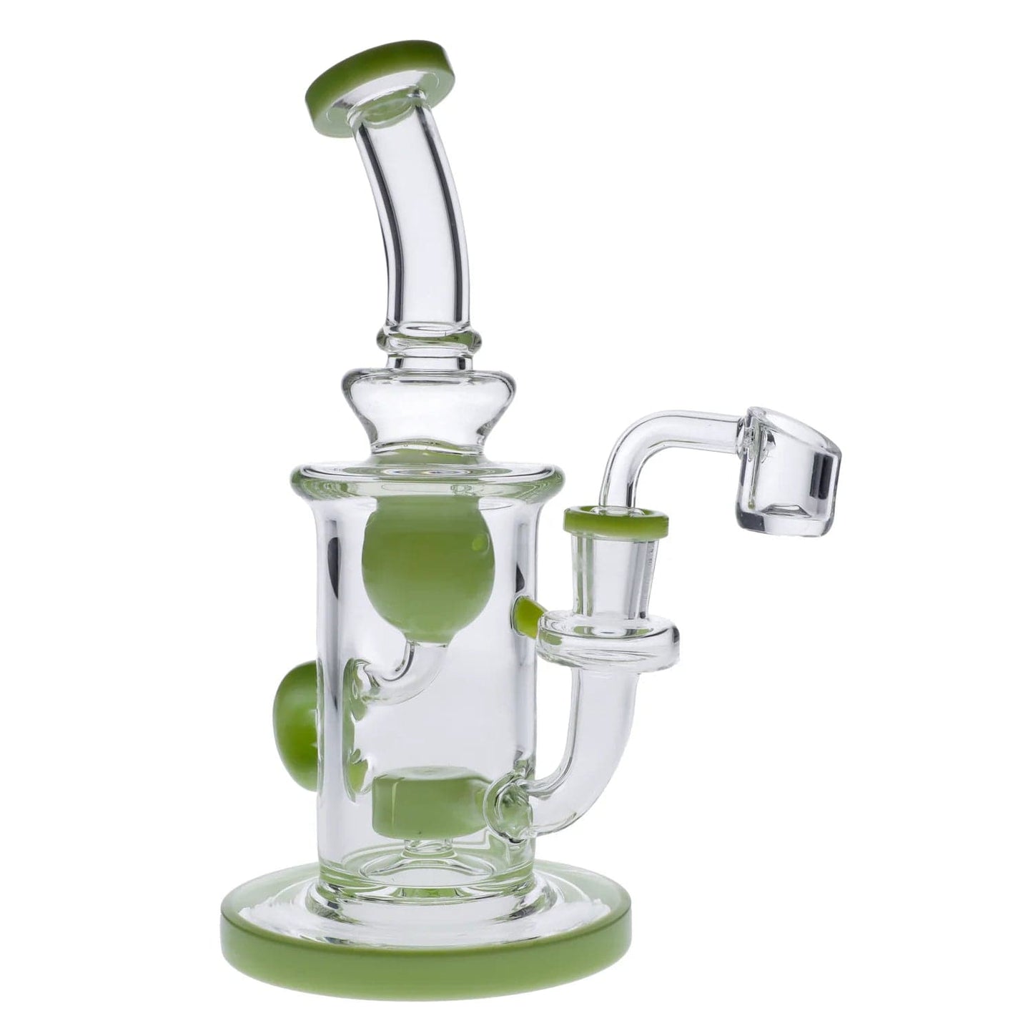 A front view of the Hourglass Base Incycler Bong, showcasing its green base and clear glass construction.