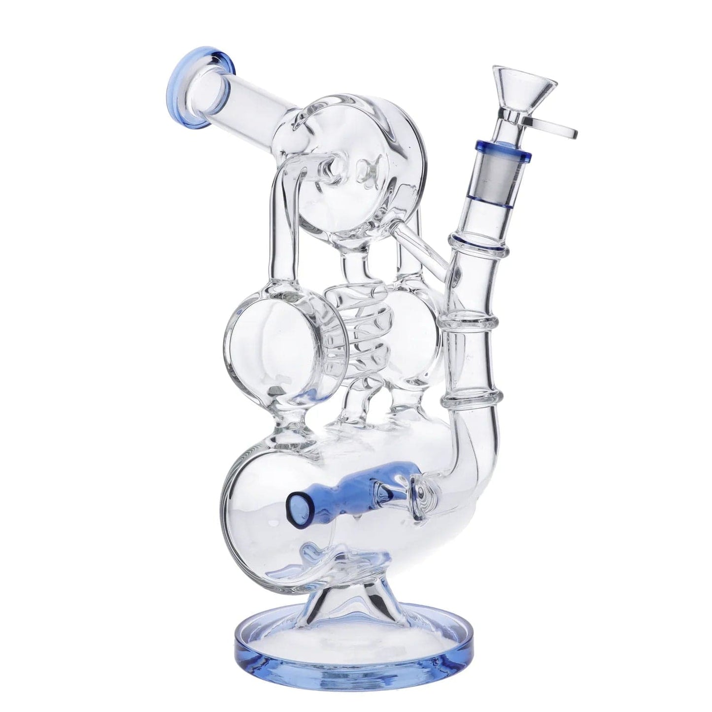 A three-quarter view of the Steam Engine Recycler Dab Rig, showcasing its clear glass construction and intricate, looping design.