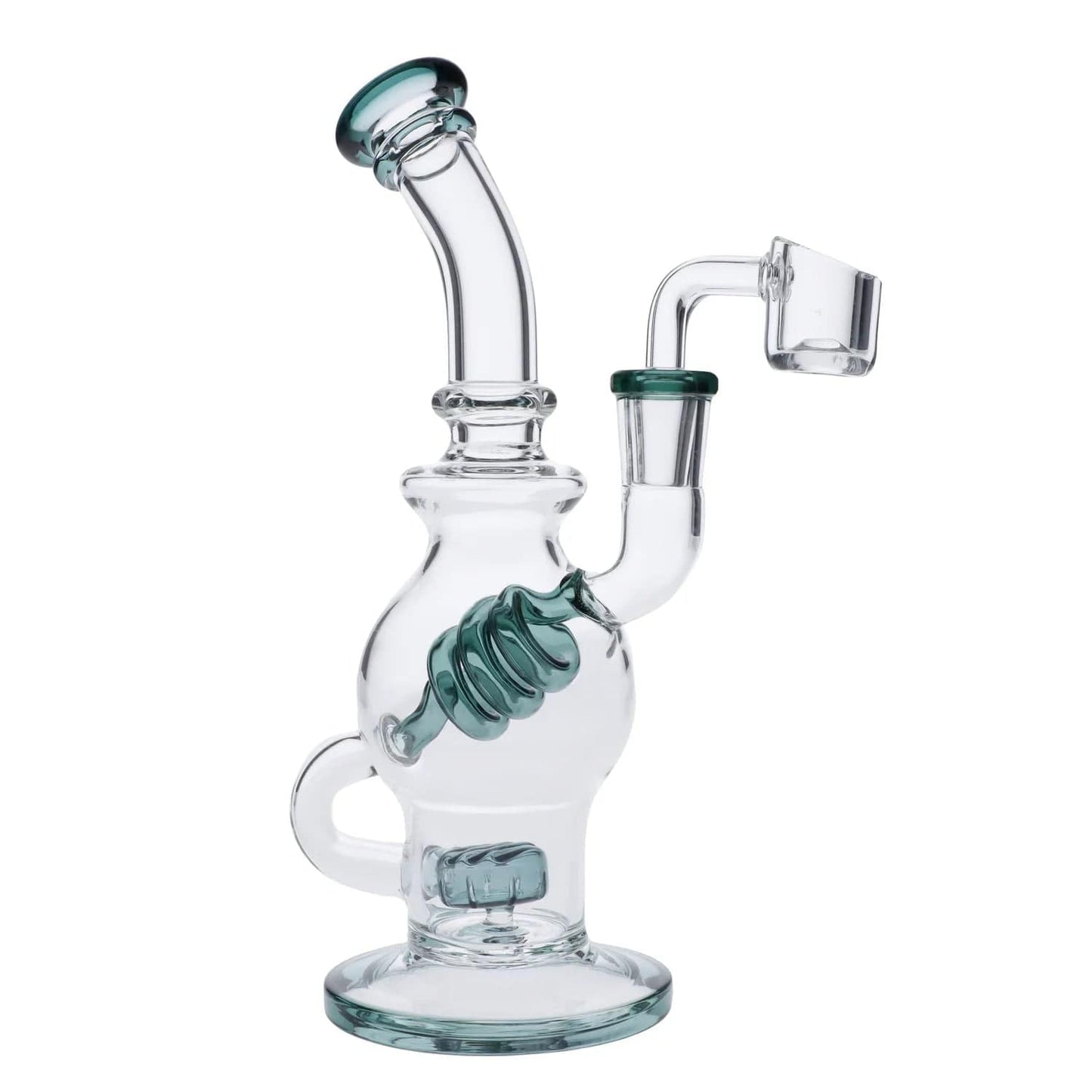 A three-quarter view of the Teal Coil Incycler Rig, featuring a smooth, coiled glass neck and a clear body.