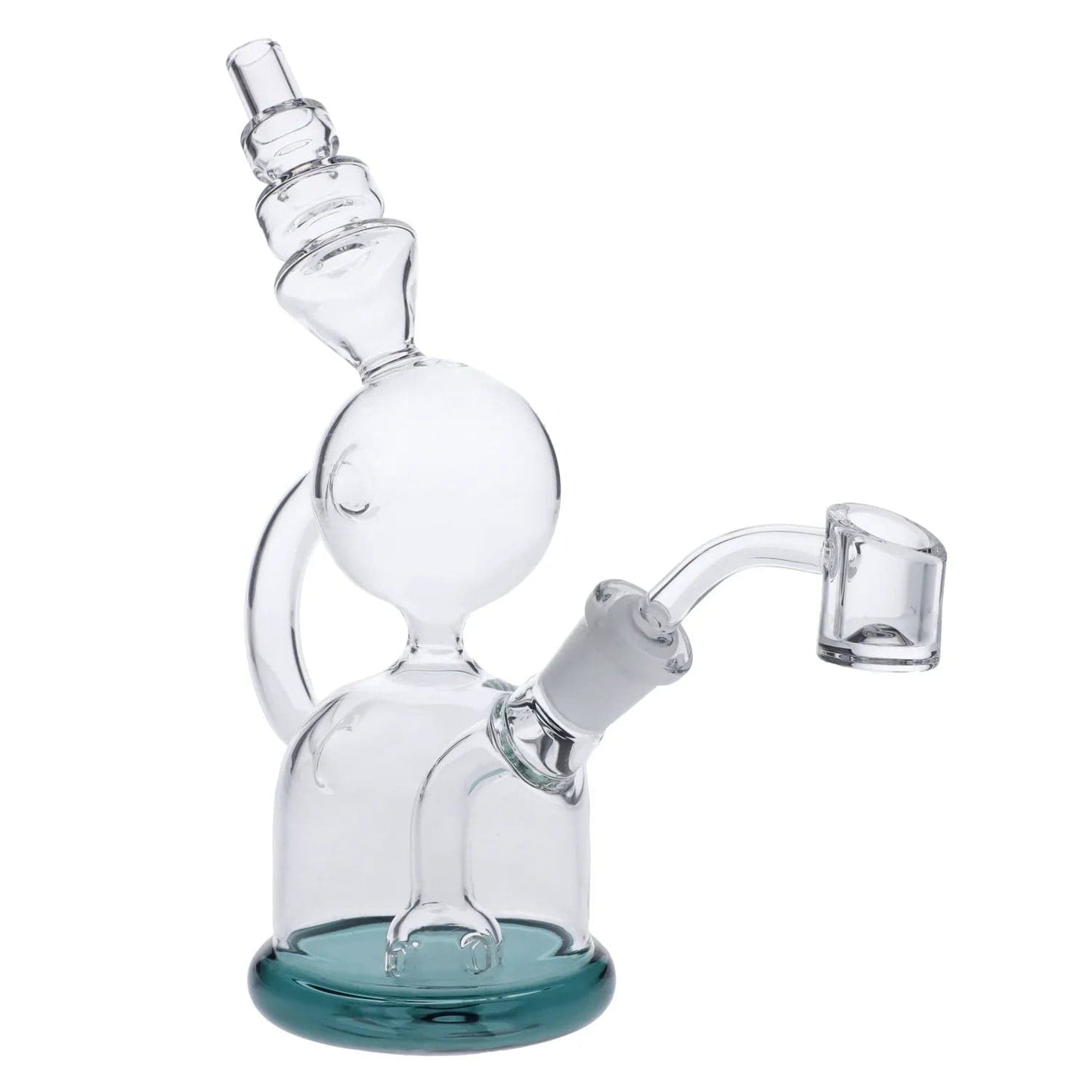 A close-up, angled view of the Telescope Style Dab Rig, showcasing its clear glass construction and compact design.