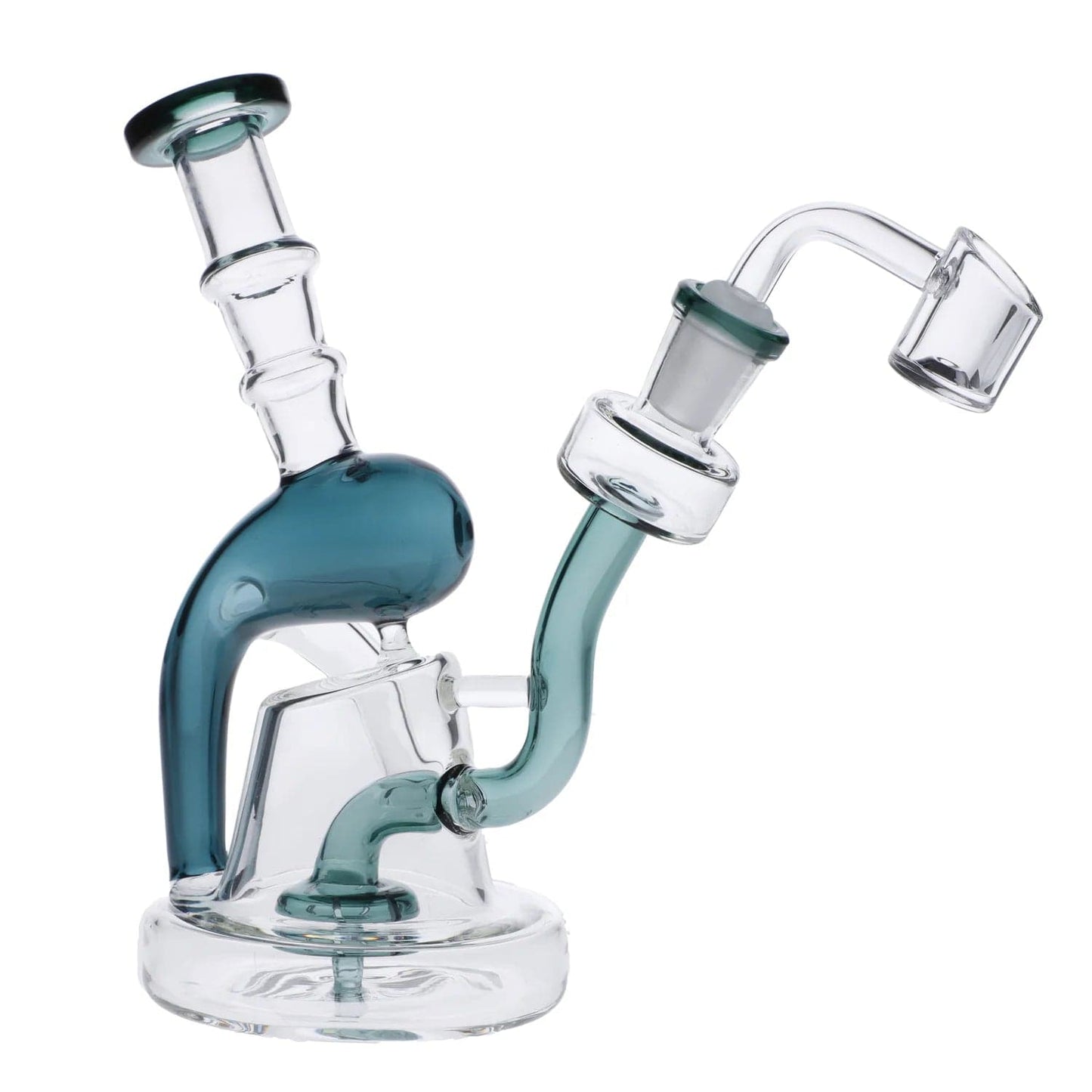 Front view of the Telescope Style Mini Rig, a compact glass rig with a curved neck and clear construction.