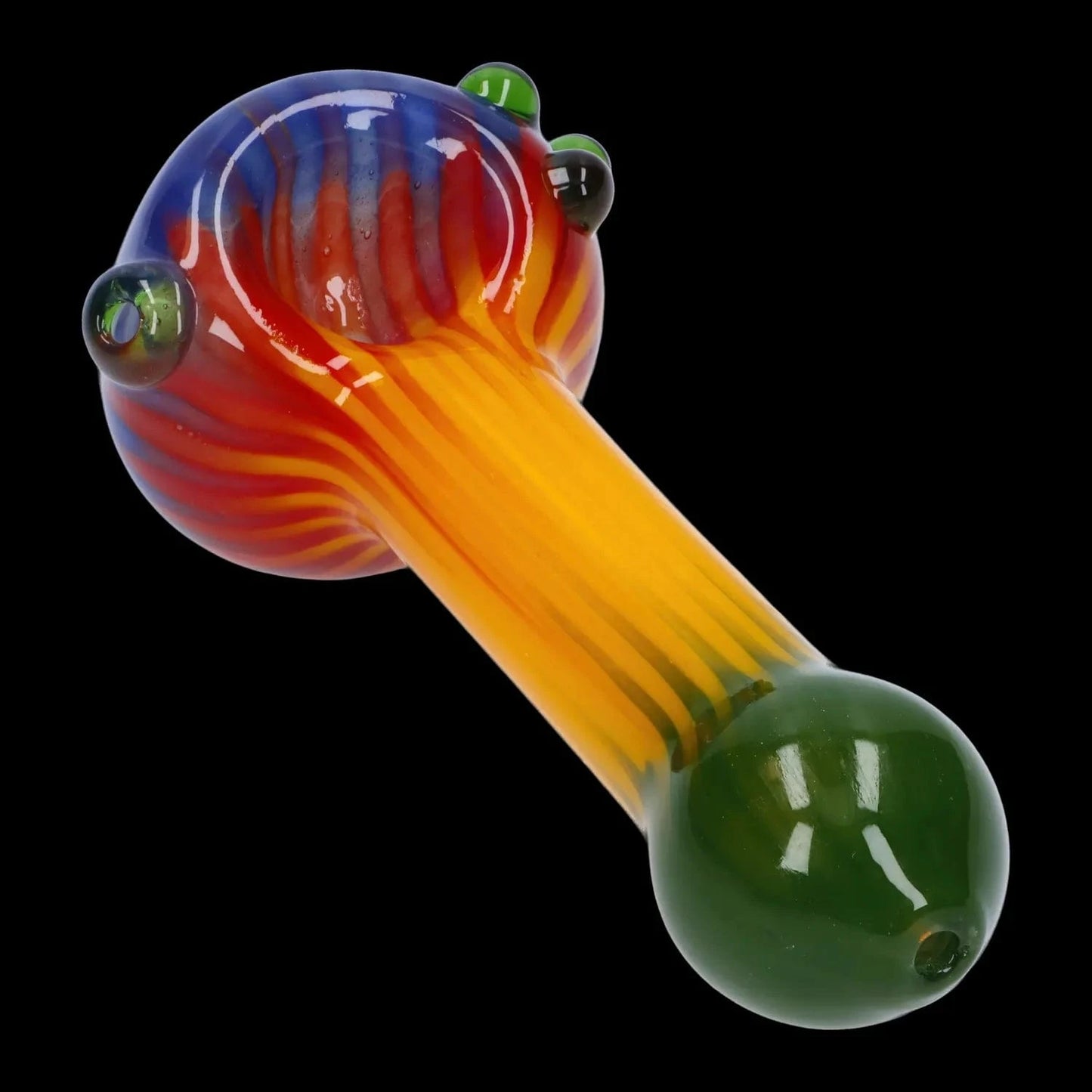 A three-quarter view of the 4.5-inch Colorful Reversal Art Spoon Pipe, showcasing its vibrant, multi-colored glass design.