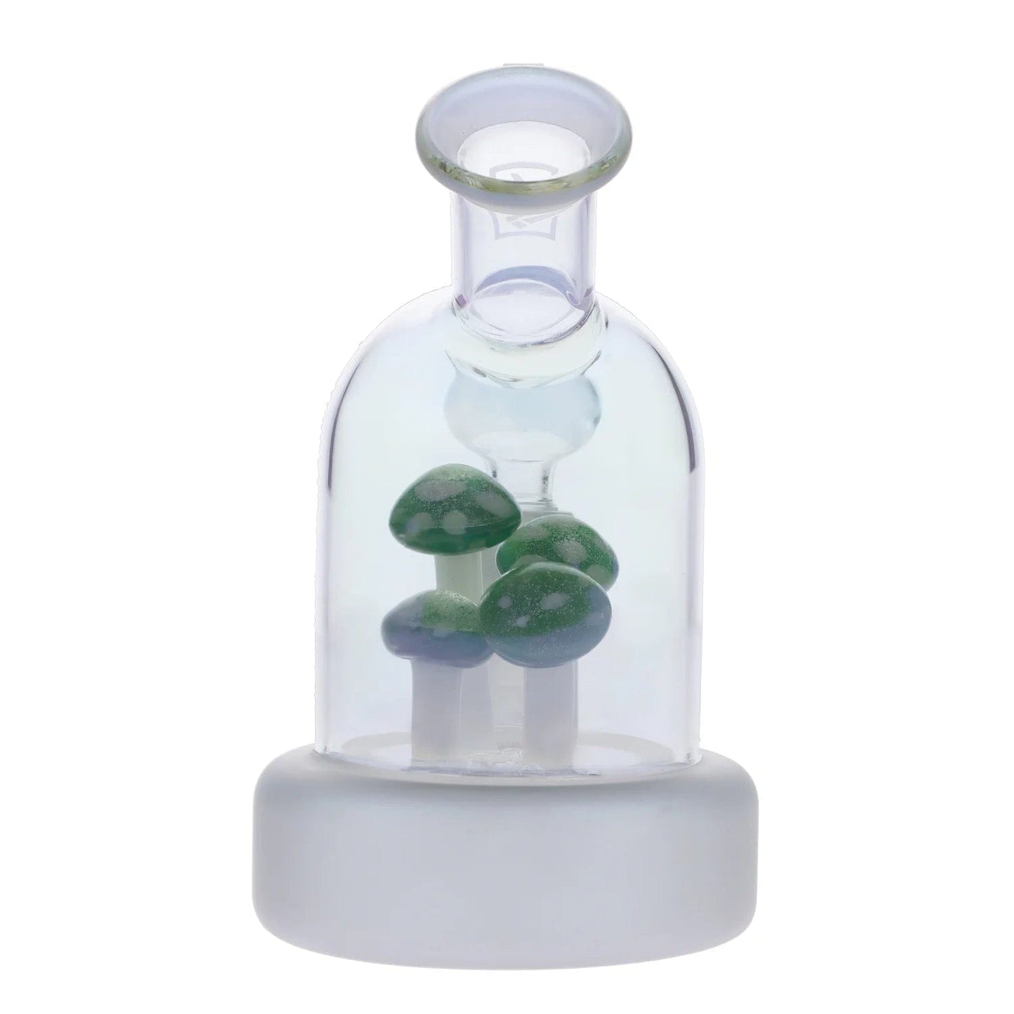 Front view of the DHC Originals Mushroom Terrarium Bong, showcasing a clear glass piece with sculpted mushroom details inside.