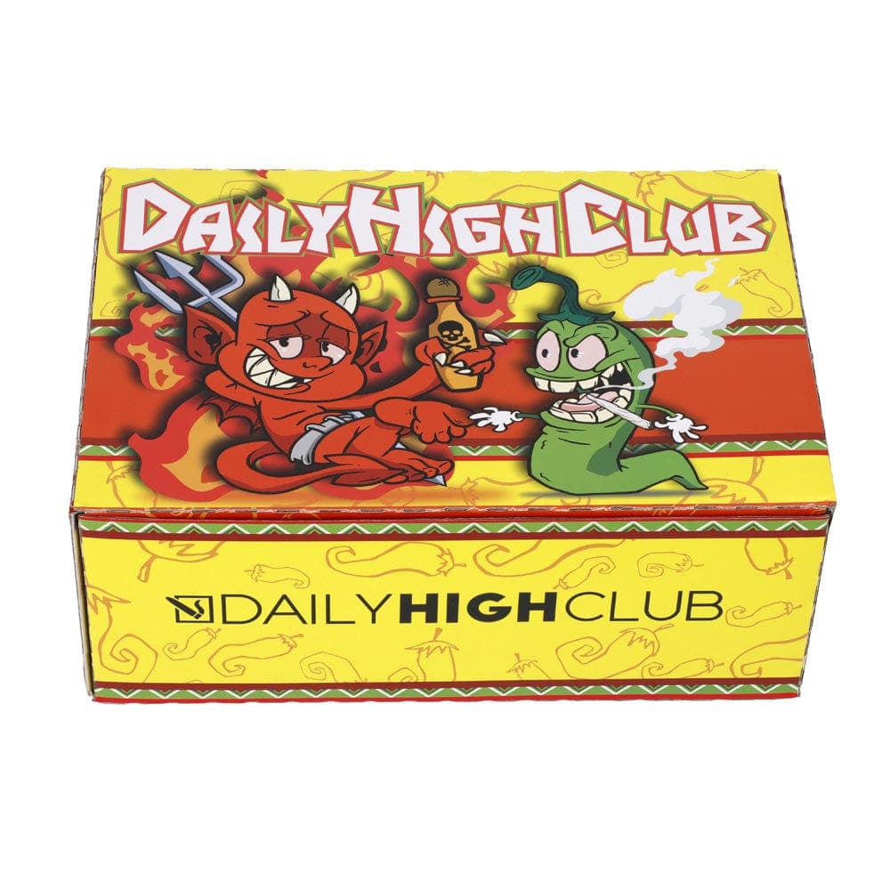 A side view of the “Hot Sauce” Smoking Box with cartoon flames and a devilish figure on a bright yellow background.