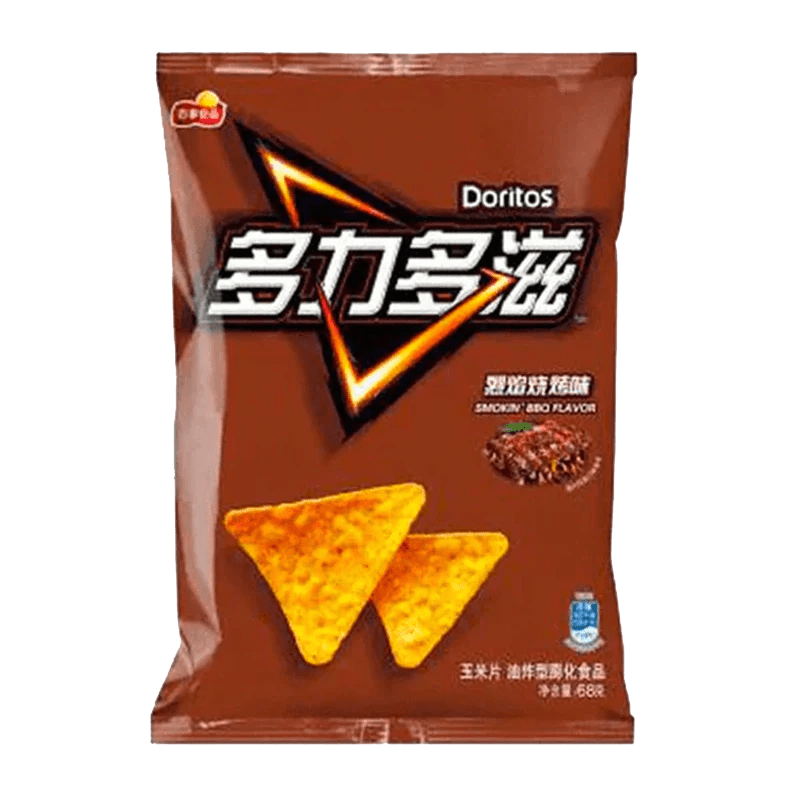 Front view of Doritos - Smokin' BBQ Corn Chips, showing a brightly colored package with bold text and graphics.