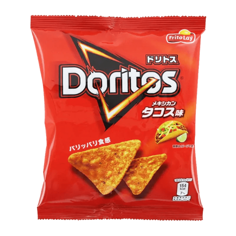 A front view of Doritos - Tacos Corn Chips in a silver bag with the brand name and product details in Japanese.
