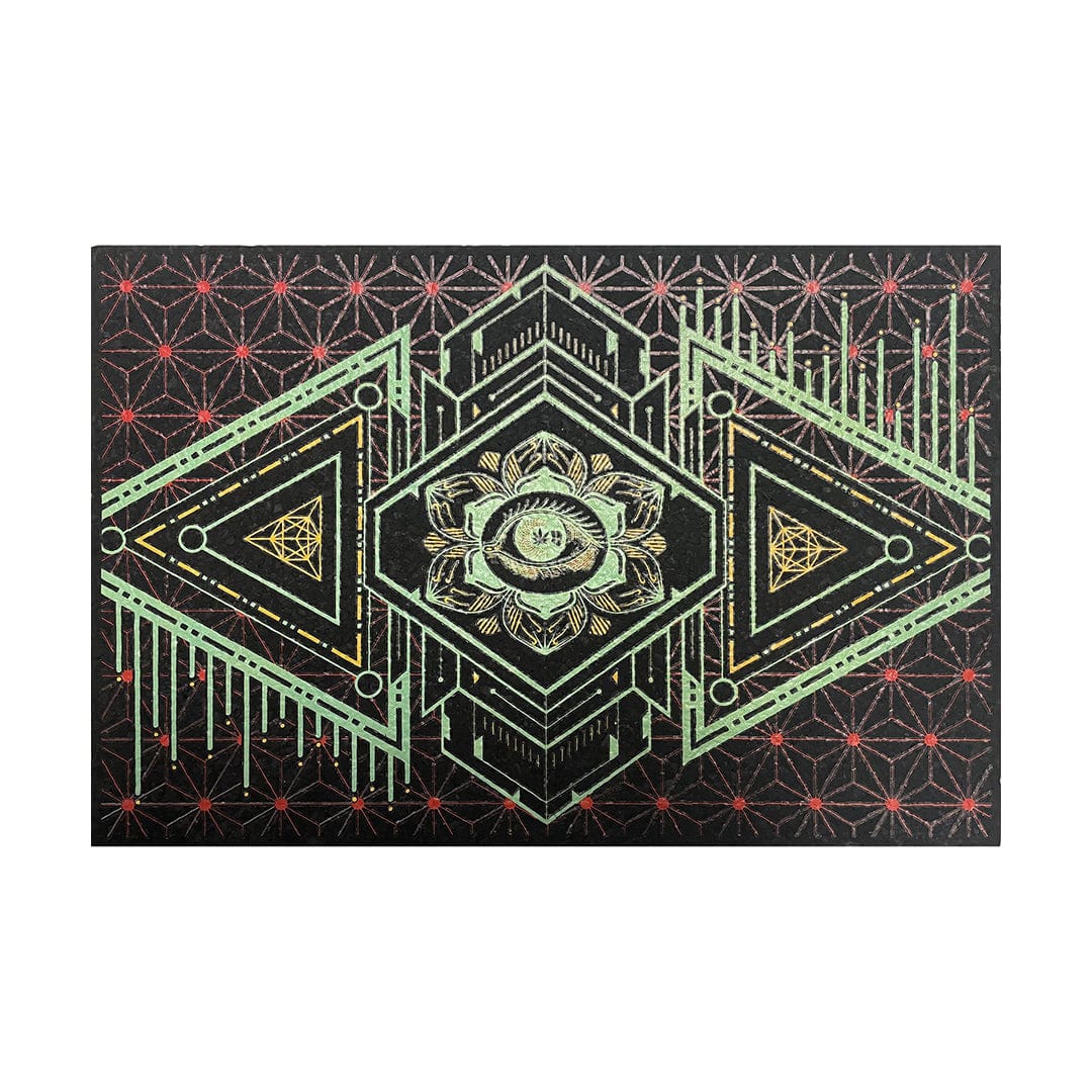 An overhead view of the 18" Dab Mats displaying an intricate geometric pattern on a dark background.
