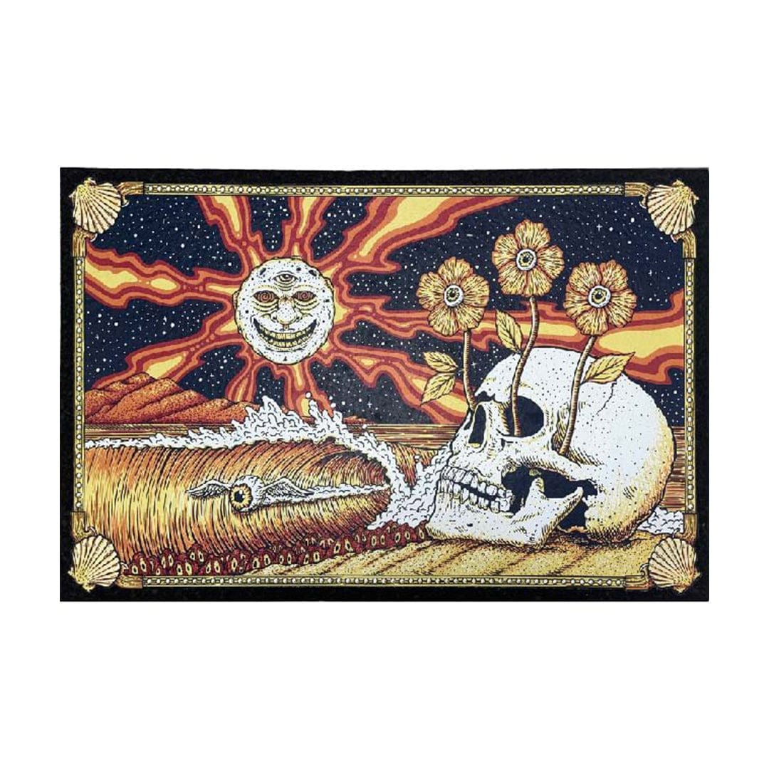 Front view of the 18" Dab Mats featuring a vibrant, cosmic design with radiating sunbeams and celestial elements.