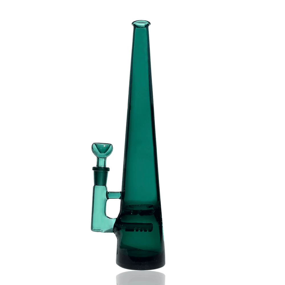 A side view of the Elevate Jane Chroma Mimi Bong, a sleek, green glass water pipe reflecting light on a neutral background.