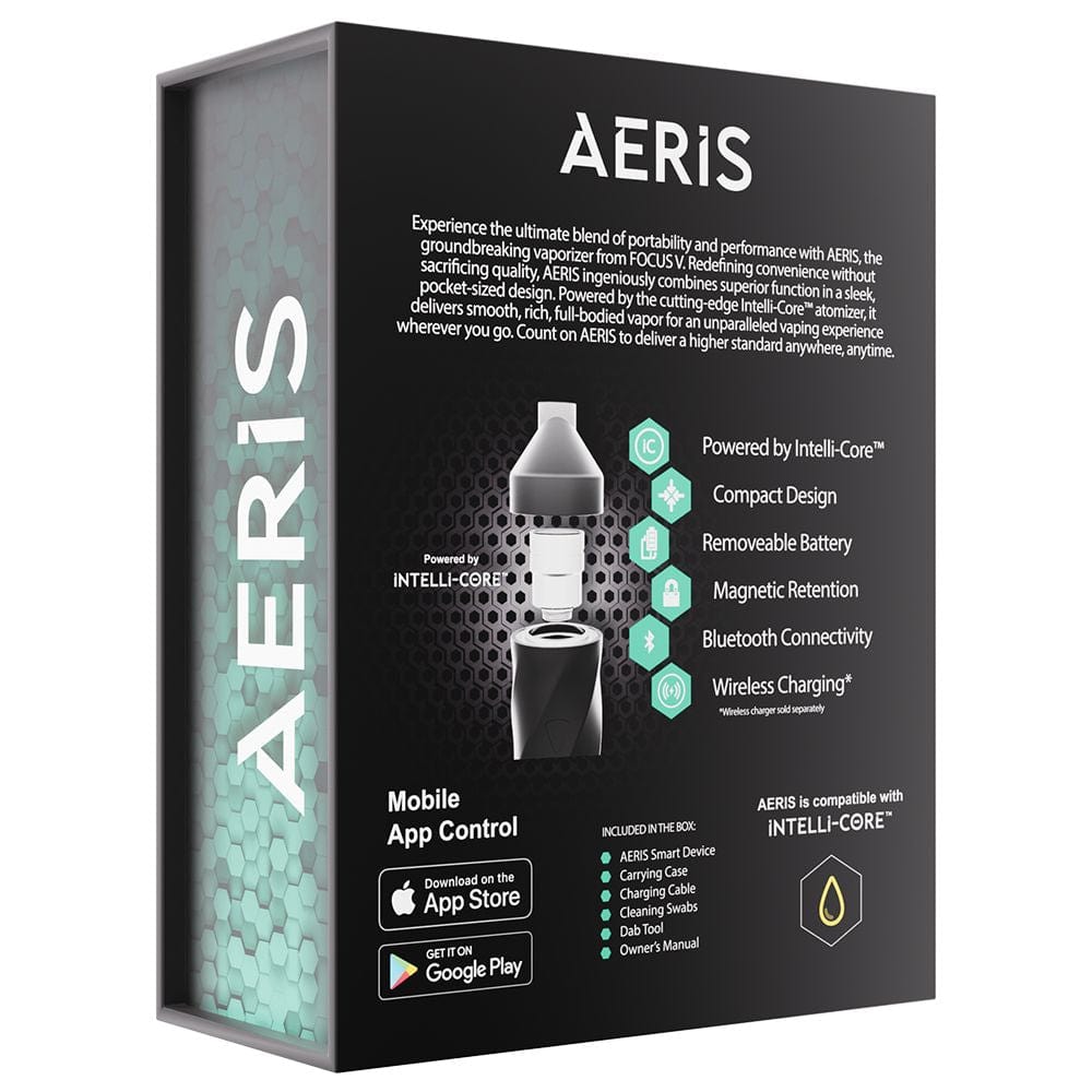 AERIS Vaporizer is displayed in a studio shot, showcasing its sleek, silver design against a dark backdrop with branding and app icons.