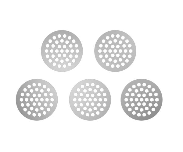 A top-down view of the G Pen Dash Mouthpiece Filter Screens, 5-Pack, showing five circular, perforated filters against a white background.