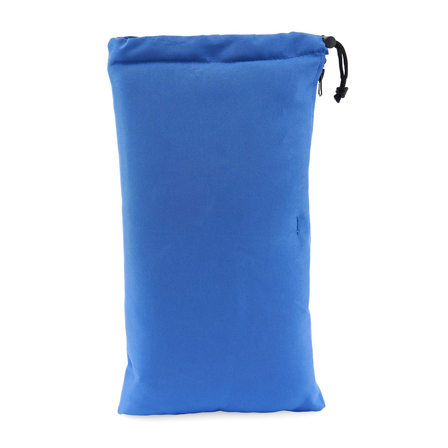 A front view of the 16" Glass Pillow Storage Pouch with Zipper and Drawstring, showcasing its blue fabric and drawstring closure.