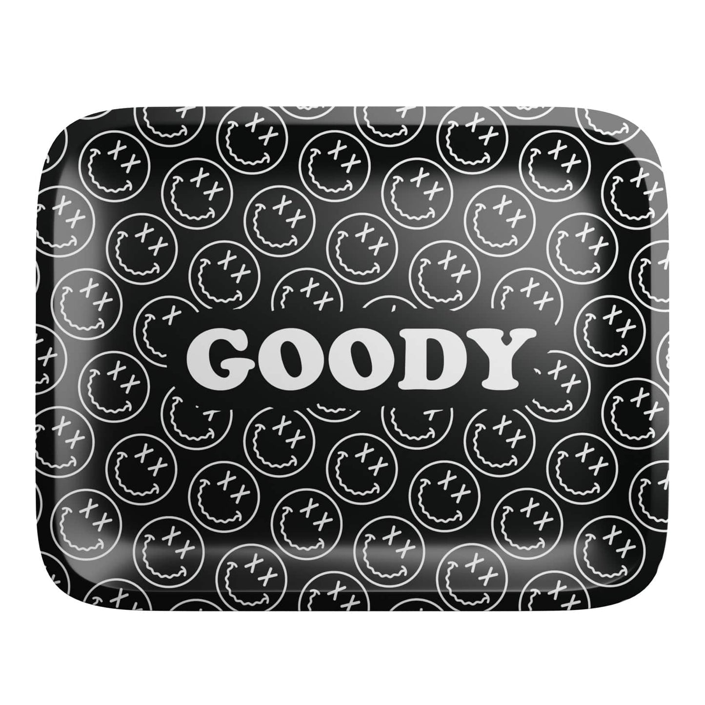 Overhead view of the Goody Glass Pattern Face Black Rolling Tray, showing a patterned surface and black finish.