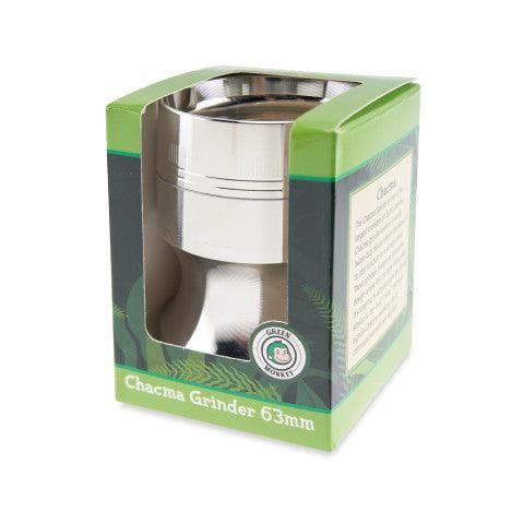 A front view of the silver Chacma 63mm Magnetic Grinder with Ashtray, highlighting its cylindrical shape and metallic finish.