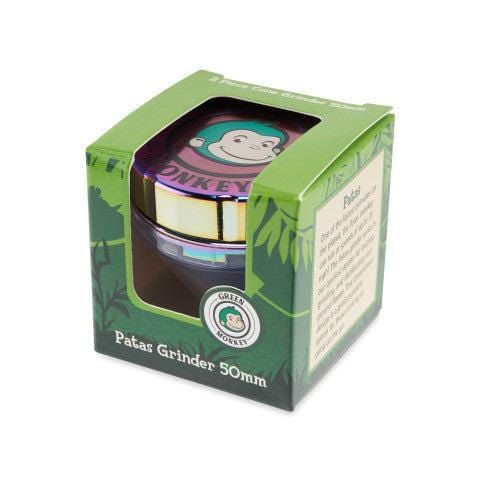 Front view of the Patas 50mm Funnel Grinder with a patterned design, set against a dark background.