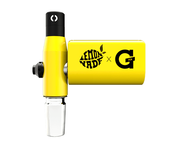 A three-quarter view of the G Pen Connect Vaporizer, featuring a yellow metallic body and a clear glass mouthpiece.