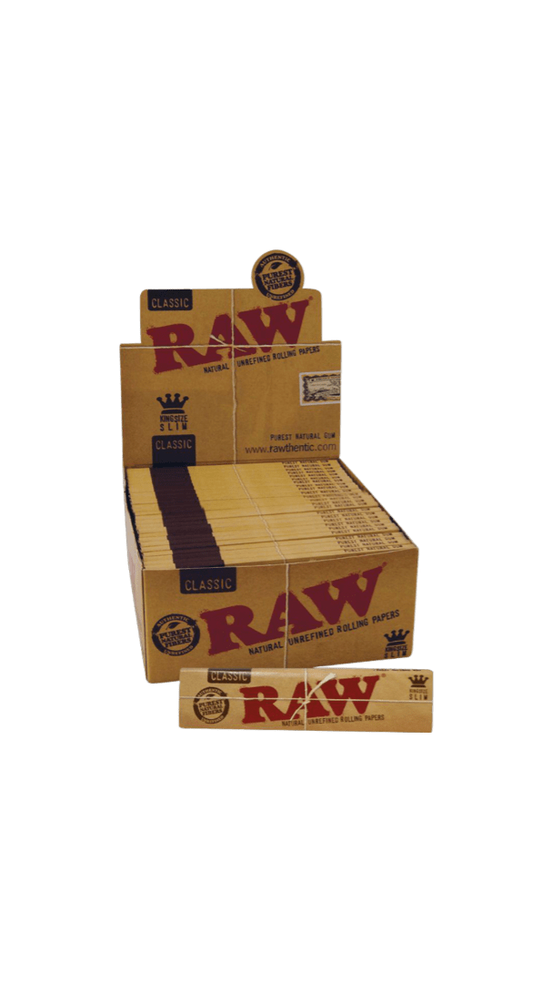 A close-up shot of the RAW Classic King Size Slim Rolling Papers package, angled slightly upwards against a plain white background.