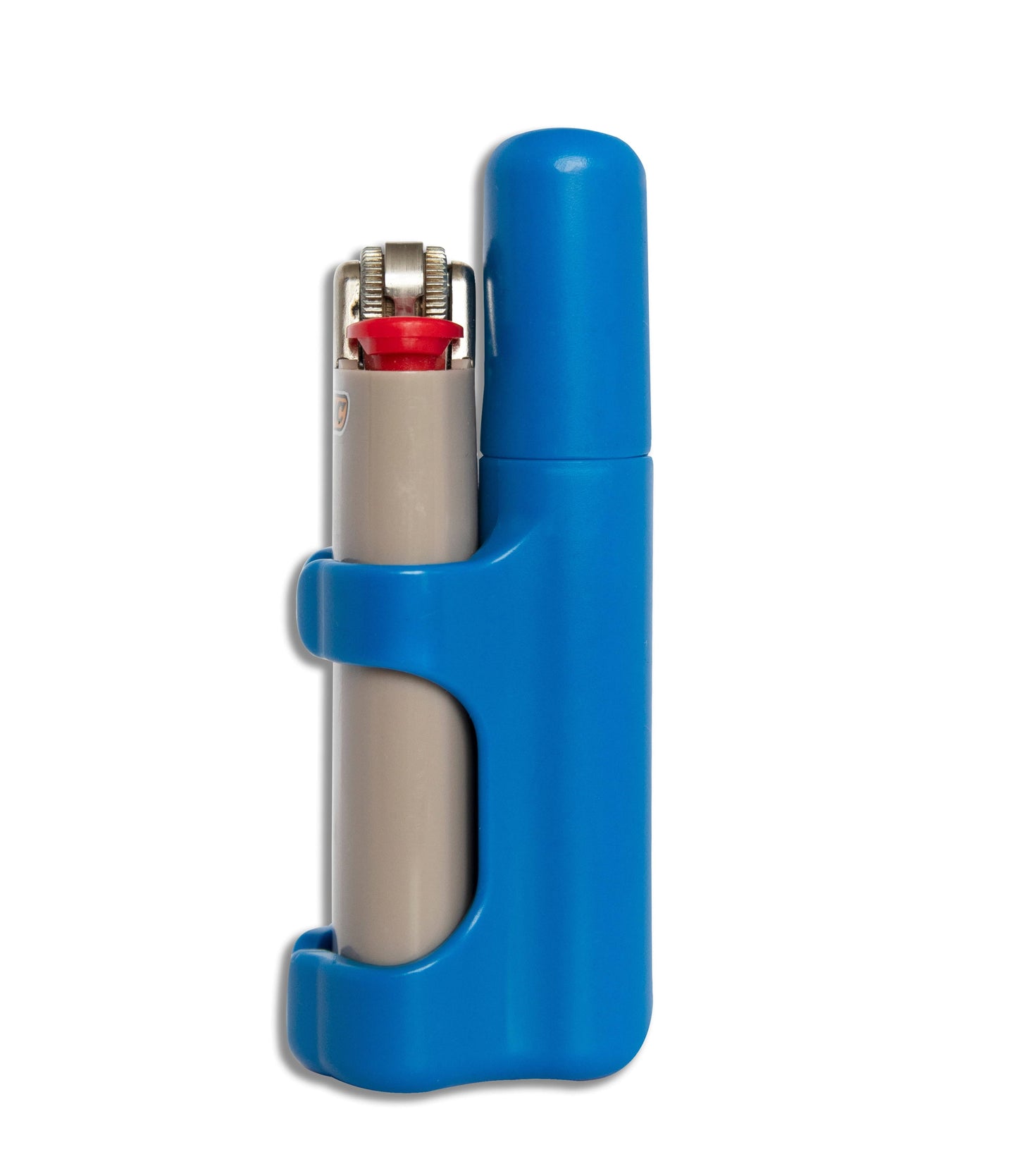 A studio shot of The Clinger Stage 1 Single Joint Holder, showing its blue silicone case enclosing a white cylindrical object.