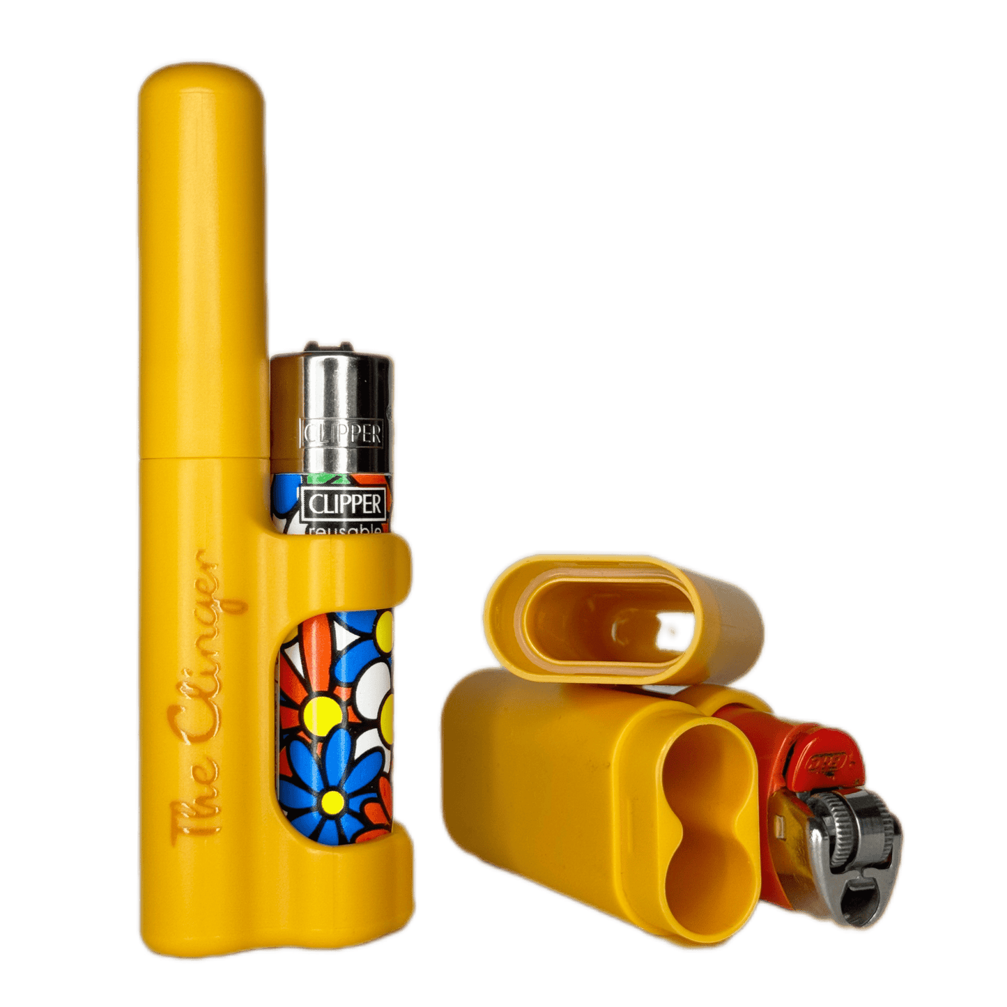 Front view of The Clinger Stage 2 Dual Joint Holder, showcasing its yellow casing next to a lighter on a plain white background.