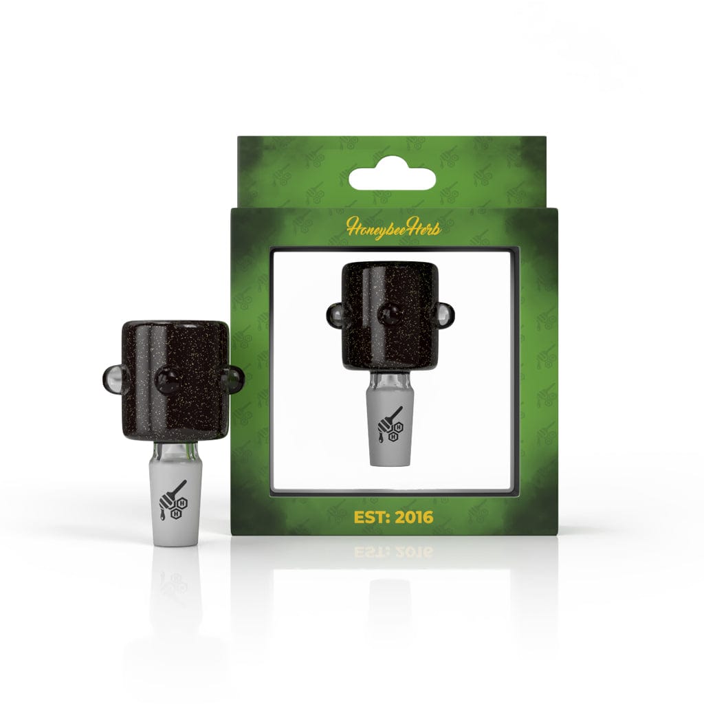 Front view of the DICHRO CYCLINER GALAXY BONG FLOWER BOWL, a dark, iridescent glass piece with a patterned rim and a smooth, rounded shape.