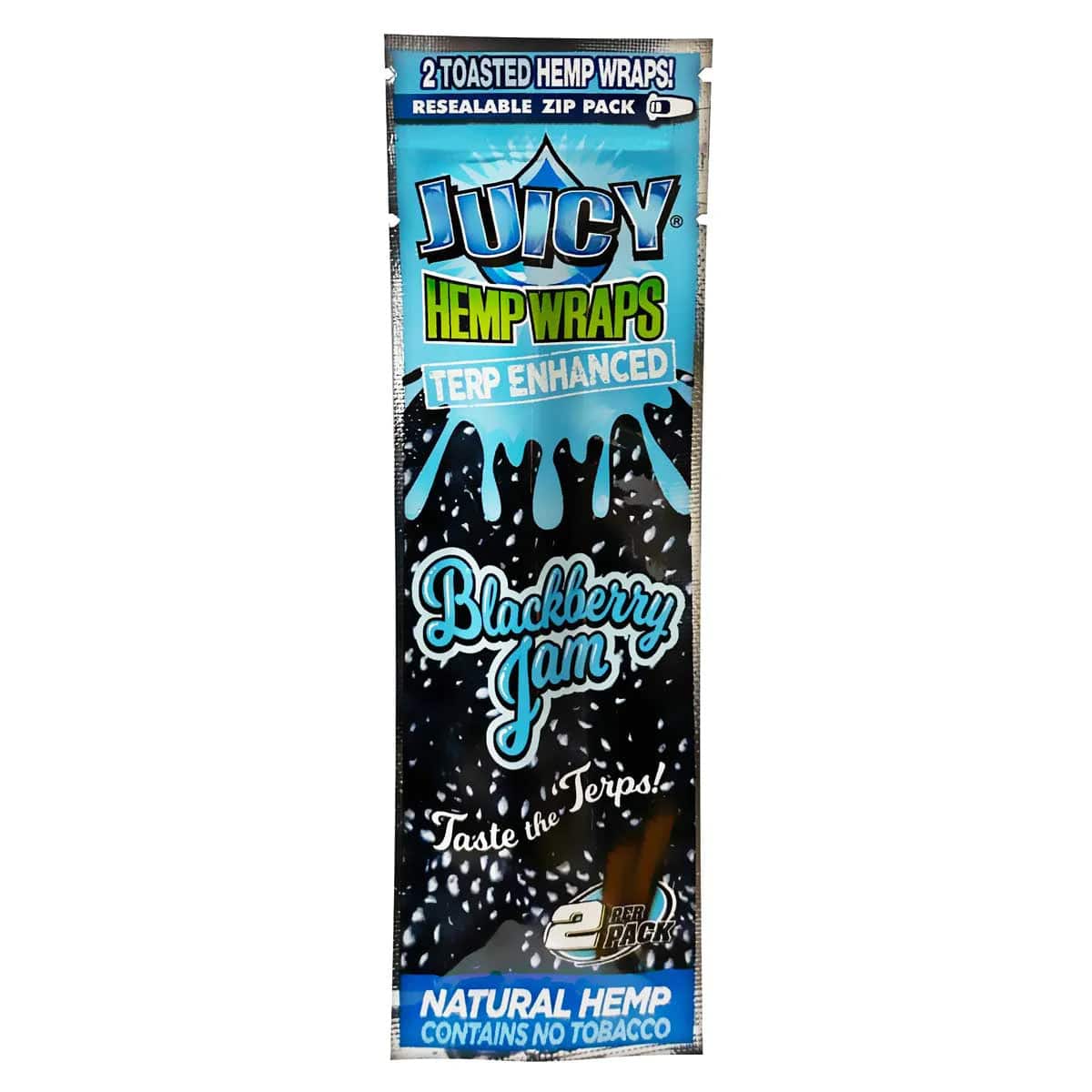 Front view of the Juicy Jays Hemp Wraps - Blackberry Jam packaging, displaying bold lettering and branding on a dark background.